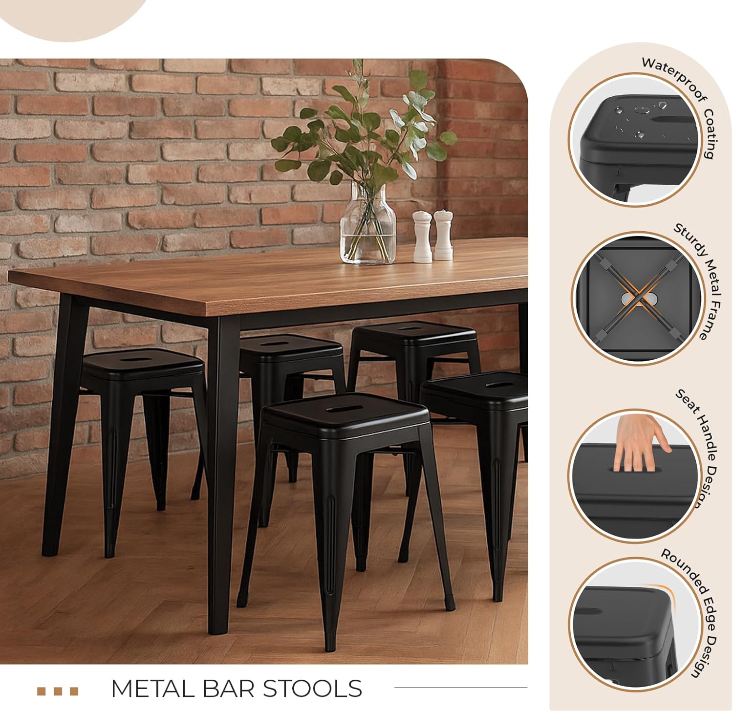 18 Inch Metal Dining Stools Set of 4,Industrial Backless Stackable Steel Dining Chairs,for Classroom Dining Indoor Outdoor Kitchen Barstools,Mindnight Black