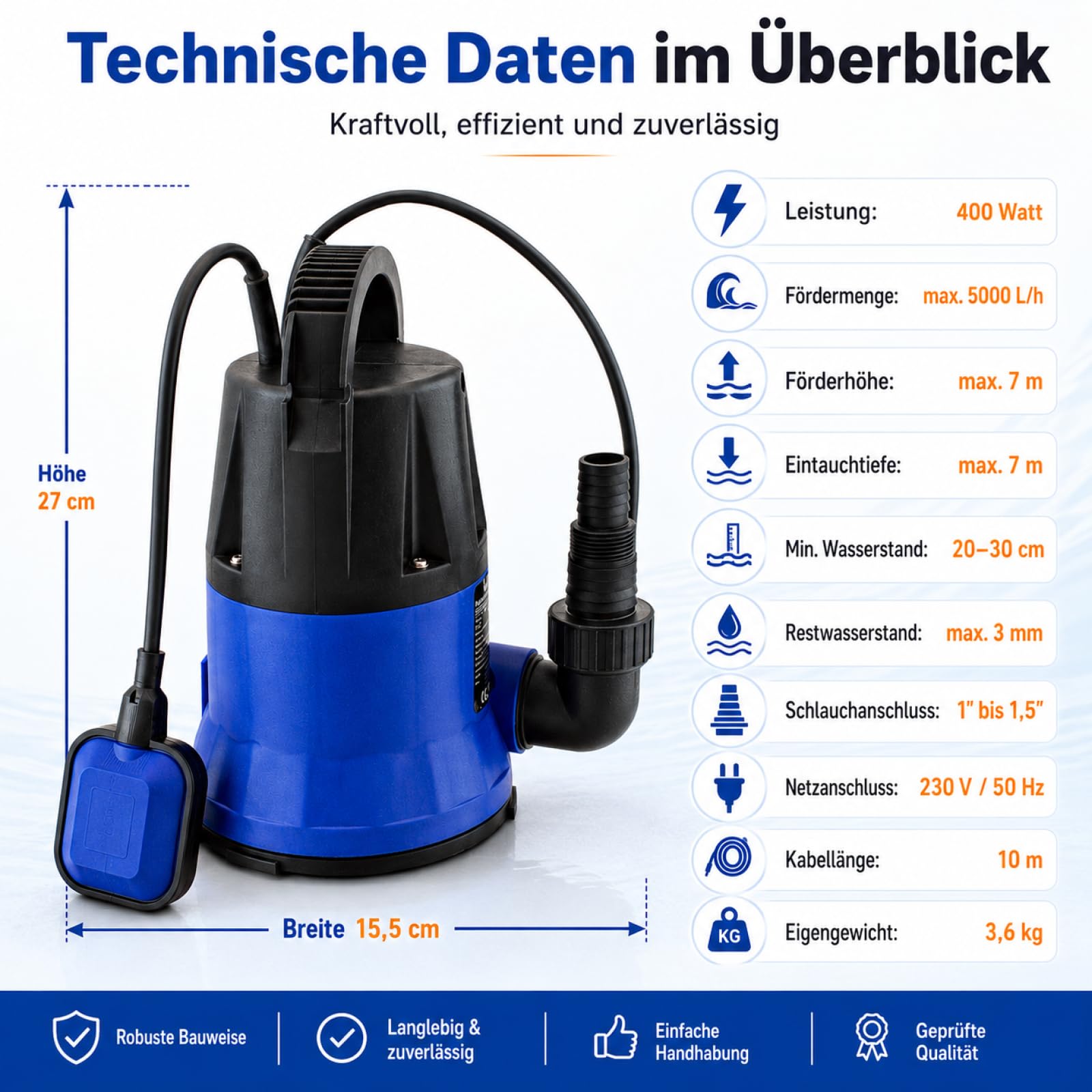 BITUXX® Flachsaugende 400W Schmutzwasser Tauchpumpe für Brunnen Zisterne Bewässern Garten Regentonne Bis 5000 Liter/h 1,0-1,5 Zoll Förderhöhe 7 Meter