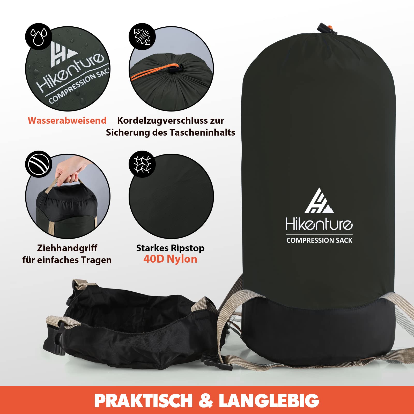 HIKENTURE Kompressionssack 10L/14L/20L/30L, 50% Mehr Stauraum! Wasserfester & Ultraleichter Kompressionssack für Schlafsack, Platzsparende Aufbewahrungstasche für Camping, Outdoor, Wandern, Reisen