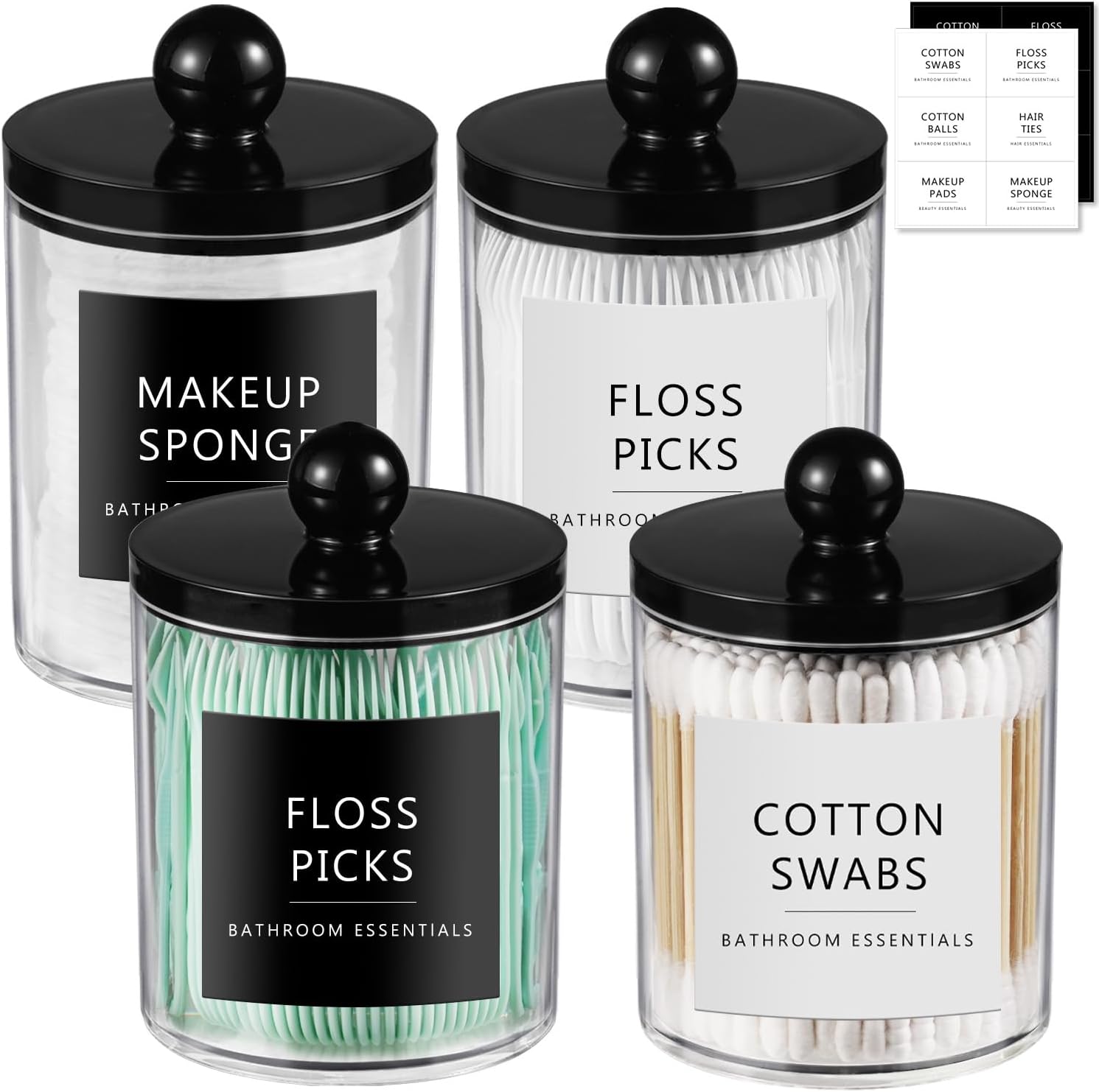 SheeChung 4 Pack Acrylic Qtip Holder Dispenser,Bathroom Jars with Lid Set for Cotton Swabs,Balls,Pads,Floss,Clear Plastic Canisters Apothecary Jar,Bathroom Essential Makeup Vanity Organizer(10oz-12oz)