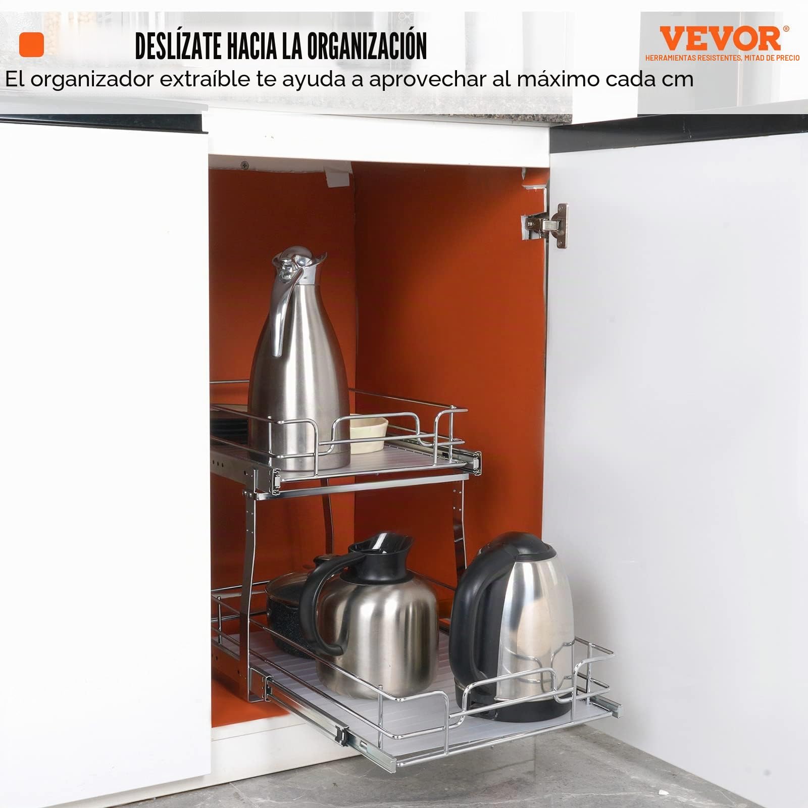 VEVOR Organizador Extraíble Debajo del Fregadero 2 Niveles 355x539x383 mm Estante Deslizante de Acero Cromado Carga de 30 kg Deslizamiento Suave para Cocina Tamaño de Instalación 385x569x483 mm