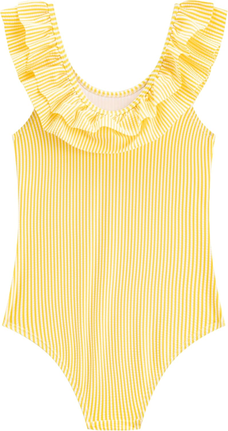 LIZENS Girls One Piece Swimwear Yellow Stripe Ruffle Striped Swimsuit for Kids 2-12 - Image 2