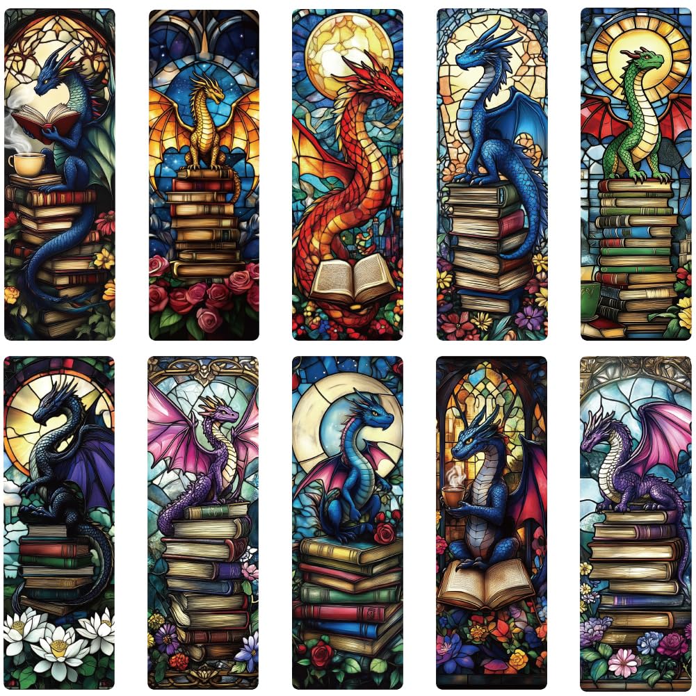 PRESSINART 10Pcs Dragon Bookmark Fourth Wing Book Mark 15 x 5cm, Stain Glass Fantasty Acrylic Bookmarks Rectangle Transparent PVC Book Marks Gifts for Men Women Reading Lovers Journal Accessories