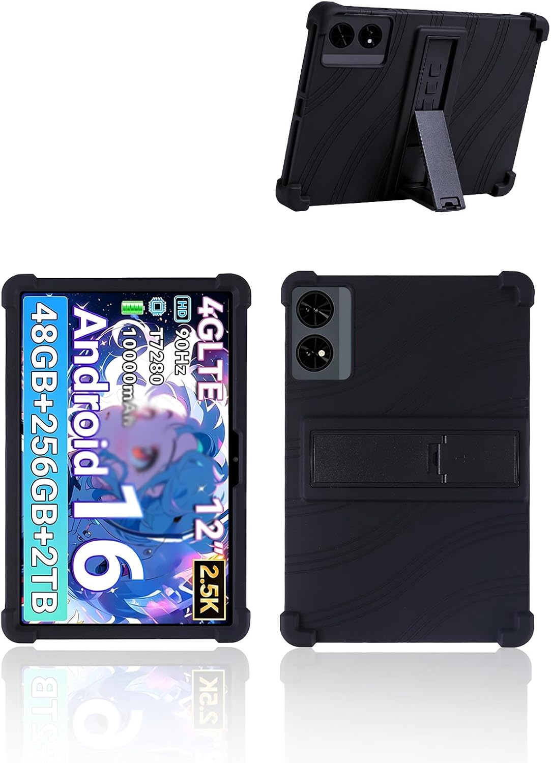 for Tabwee T60 Android 16 Tablet,12.2" 2.4K Ultra Clear Display Tablet Model Case,UYRUREL Soft Silicone Adjustable Stand Cover Lightweight Kids Friendly,Black.