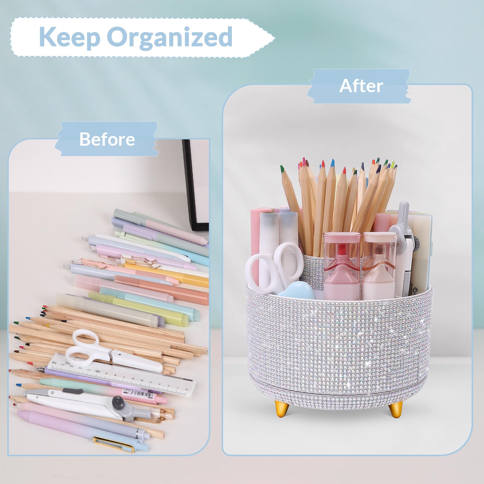 SKYDUE Organizer da scrivania girevole a 360 gradi, portapenne brillante a doppio scopo con strass, organizer da scrivania rotante con 5 scomparti, portapenne con strass, per ufficio, scuola, casa