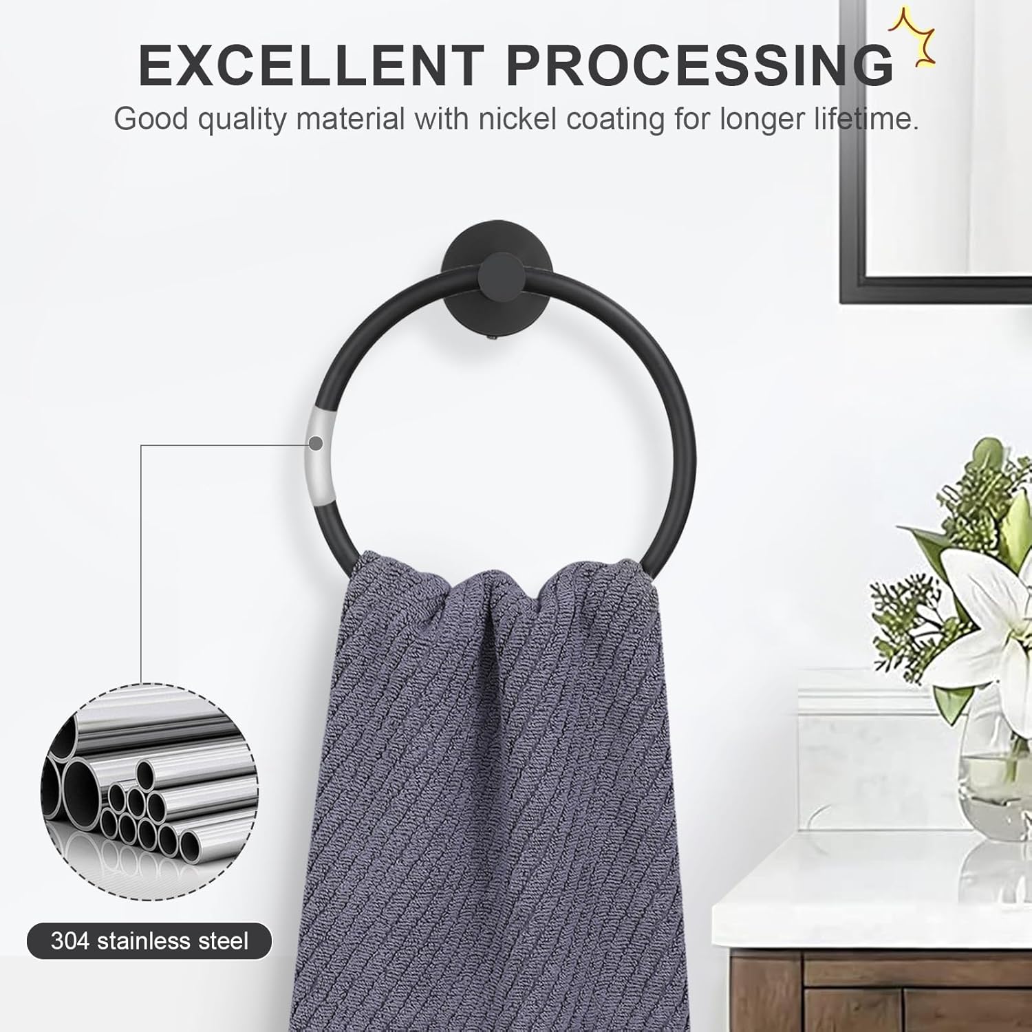 Matte Black Stainless Steel Wall Mounted Towel Ring Set