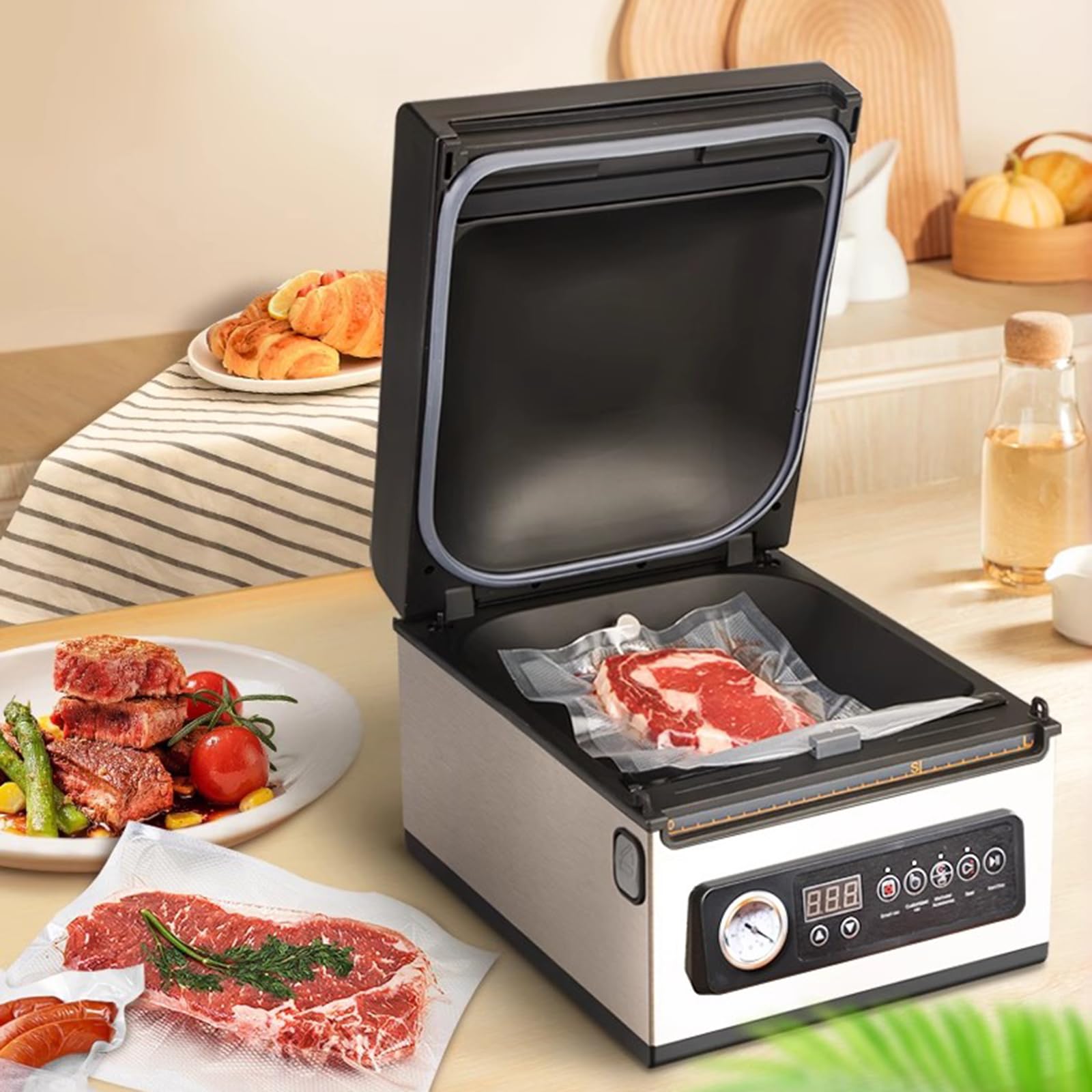 10-calowa zgrzewarka próżniowa, komercyjna maszyna do pakowania żywności o głębokiej komorze - 99 KPA, z próżniomierzem i zewnętrzną rurką próżniową, do świeżego mięsa, zup