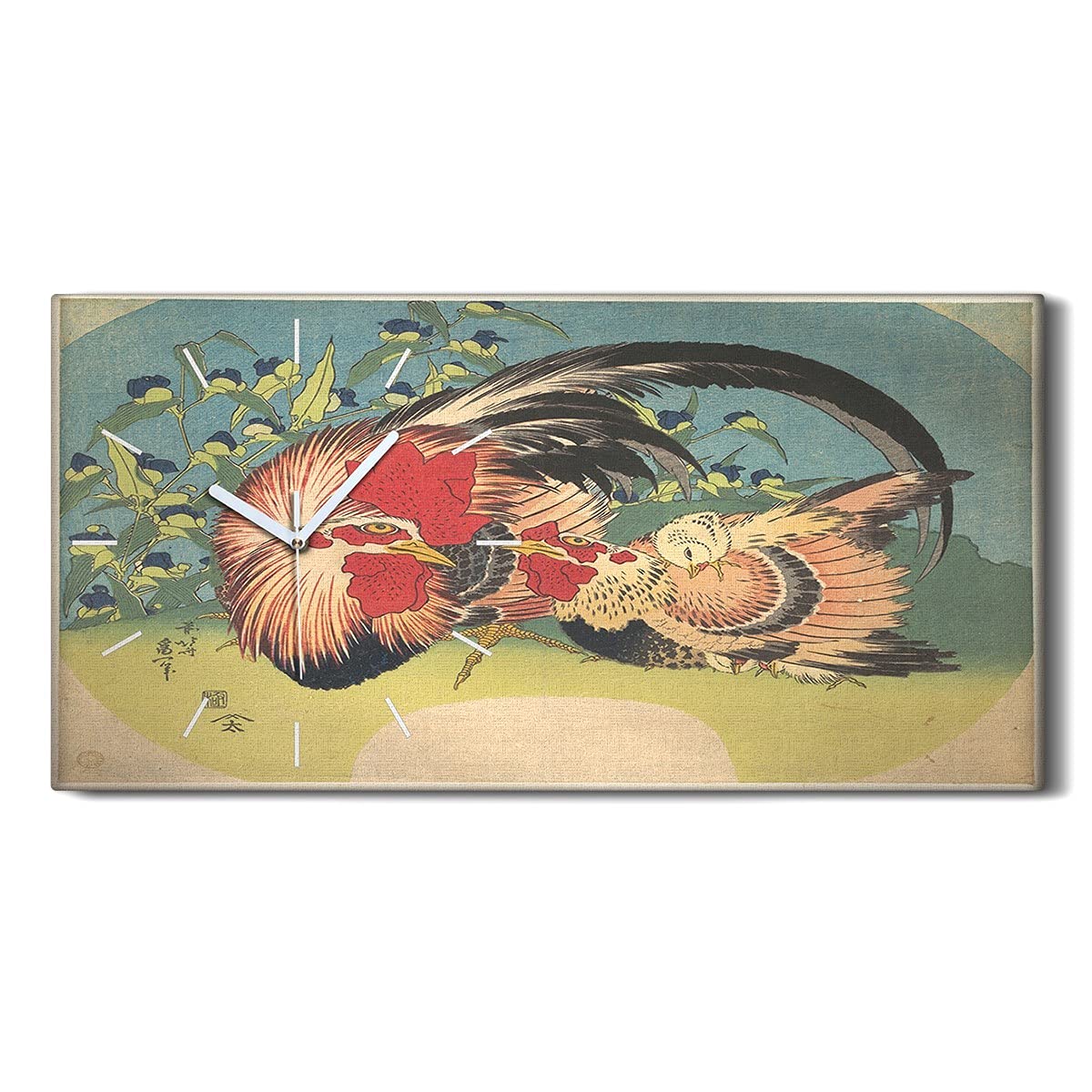 Horloge sur Toile 60x30cm Coq et Poule - Horloge Murale Silencieuse pour Salon