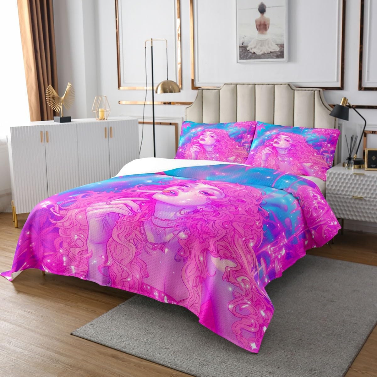 Homewish Smoke Cool Girl Bedspread Twin Size,Trippy Mushroom Bedding Sets 2Pcs for Kids Girls Boys Teens Room Decor,Marijuana Leaf Comforter Set Exotic Hippie Style Quilt Coverlet,1 Pillowcase