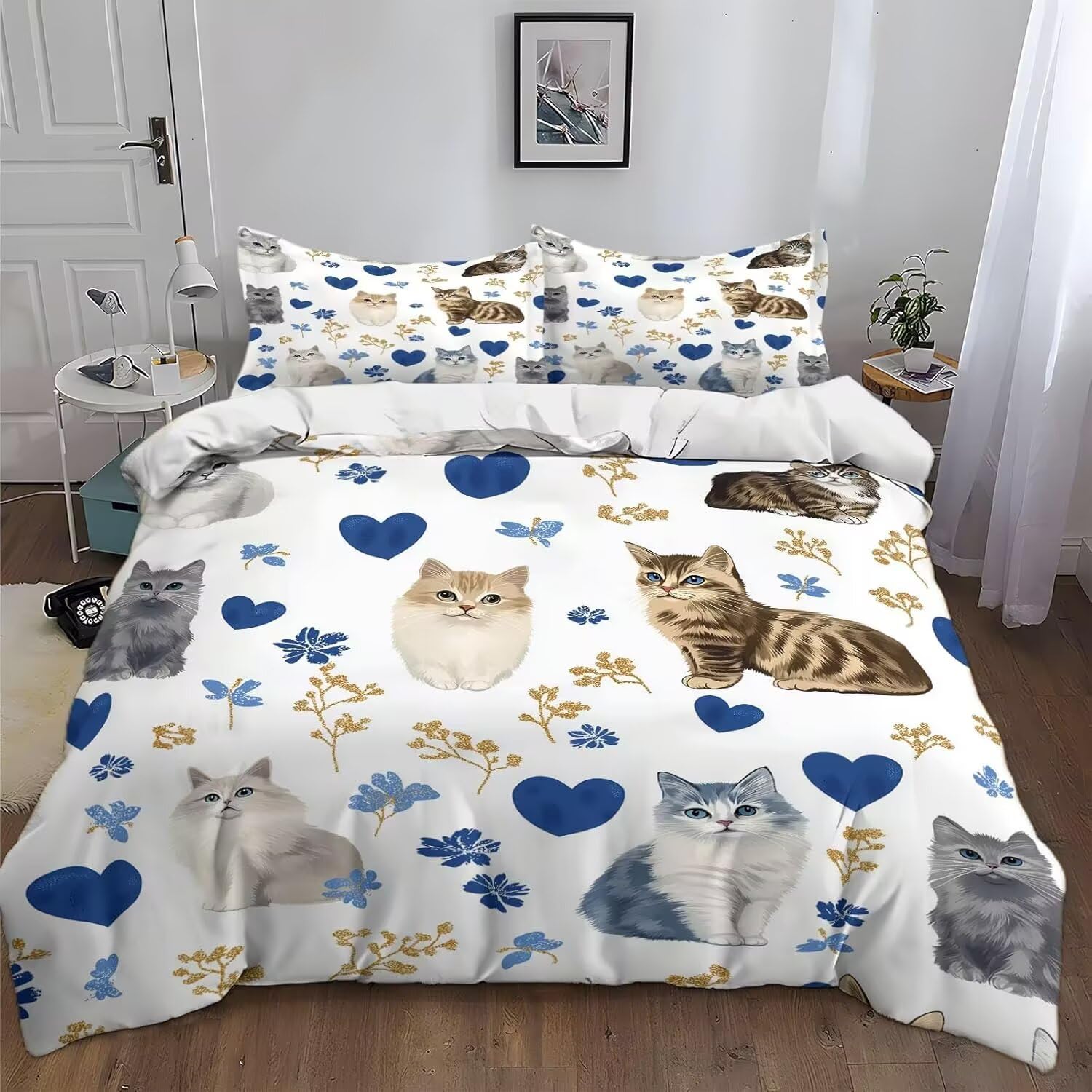 Parure de lit 140x200 chat housse de couette microfibre enfant avec taie d'oreiller 65x65 cm