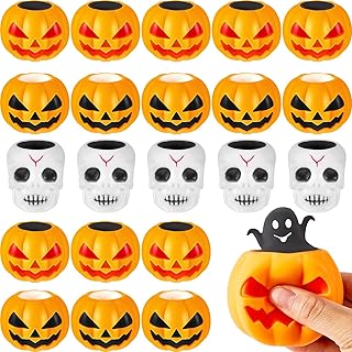 24 Pcs Halloween Squishy Pumpkin Toys Skull Squishy Squeeze Ball Toys Ghost Bat Squishy Fidget Toys Anxiety Relief Fidget Stress Balls Sensory Toys for Halloween Party Favors Gifts