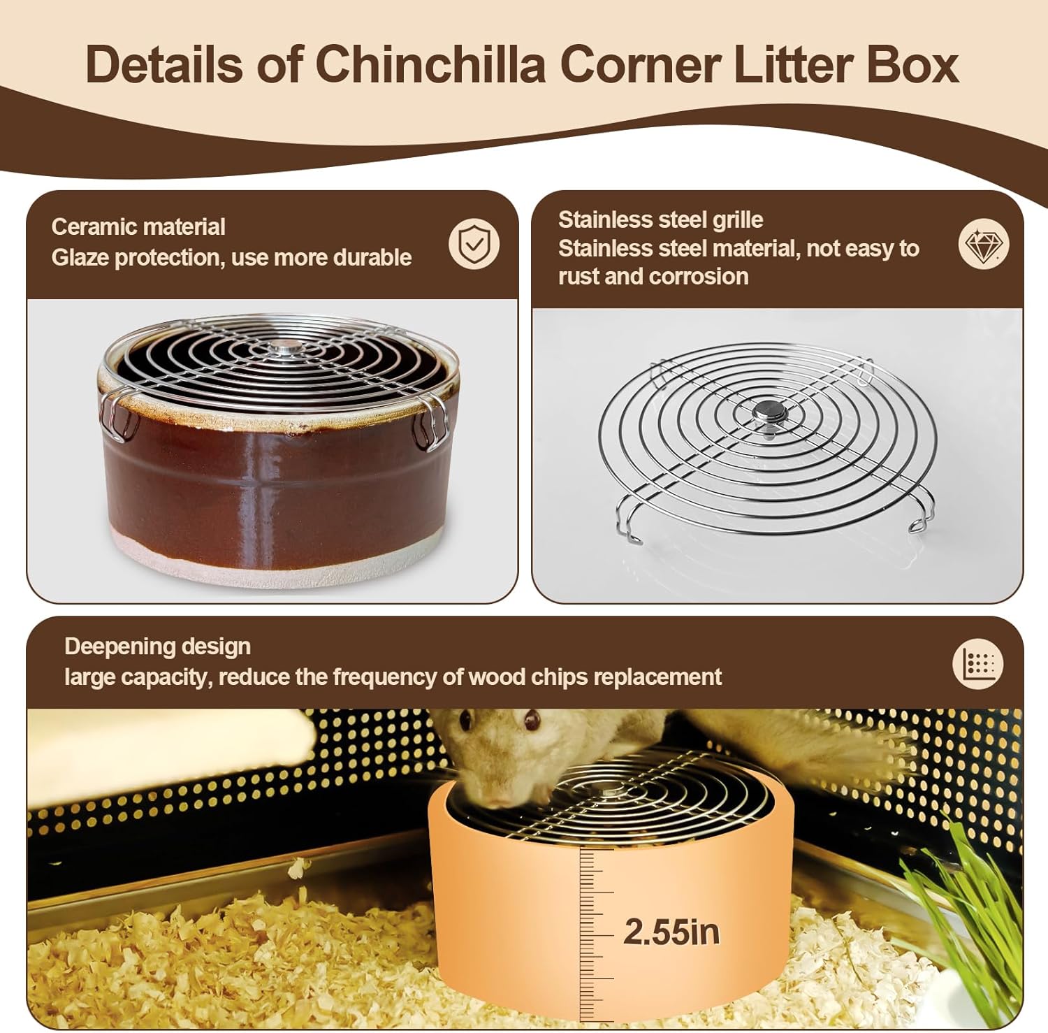 Ceramic Chinchilla Litter Box Corner Litter Box for Small Pets Round Potty Trainer Corner Litter with Stainless Steel Grids Chew-Resistant，Anti-Slip Pet Pan for Chinchillas, Small Animals
