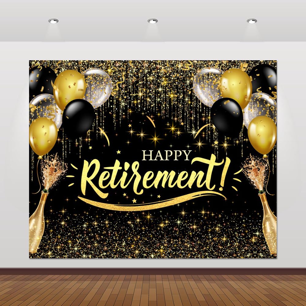 10x8ft Happy Retirement Party Backdrop Decorations Black and Gold Retirement Banner Glitter Balloons Retirement Photography Background for Men Women Cake Table Photoshoot Photo Booth Props