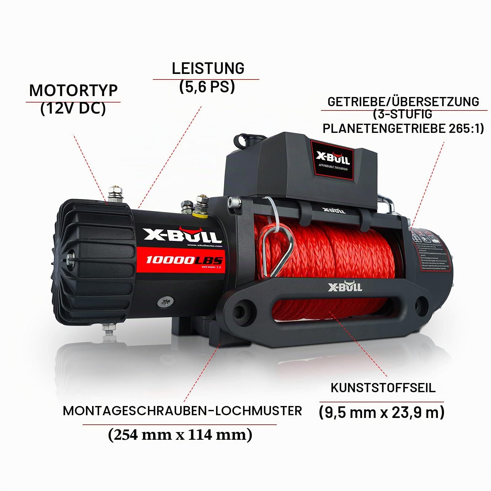 X-BULL Elektrische Winde für Quad - Durchzugskraft 10000lbs (4536kg) - Elektrische Seilwinde - Motorwinde Seilzug - für Pflüge, UTV, ATV, Quad, Offroad - 53 x 16 x 27 cm - 12V, Schwarz