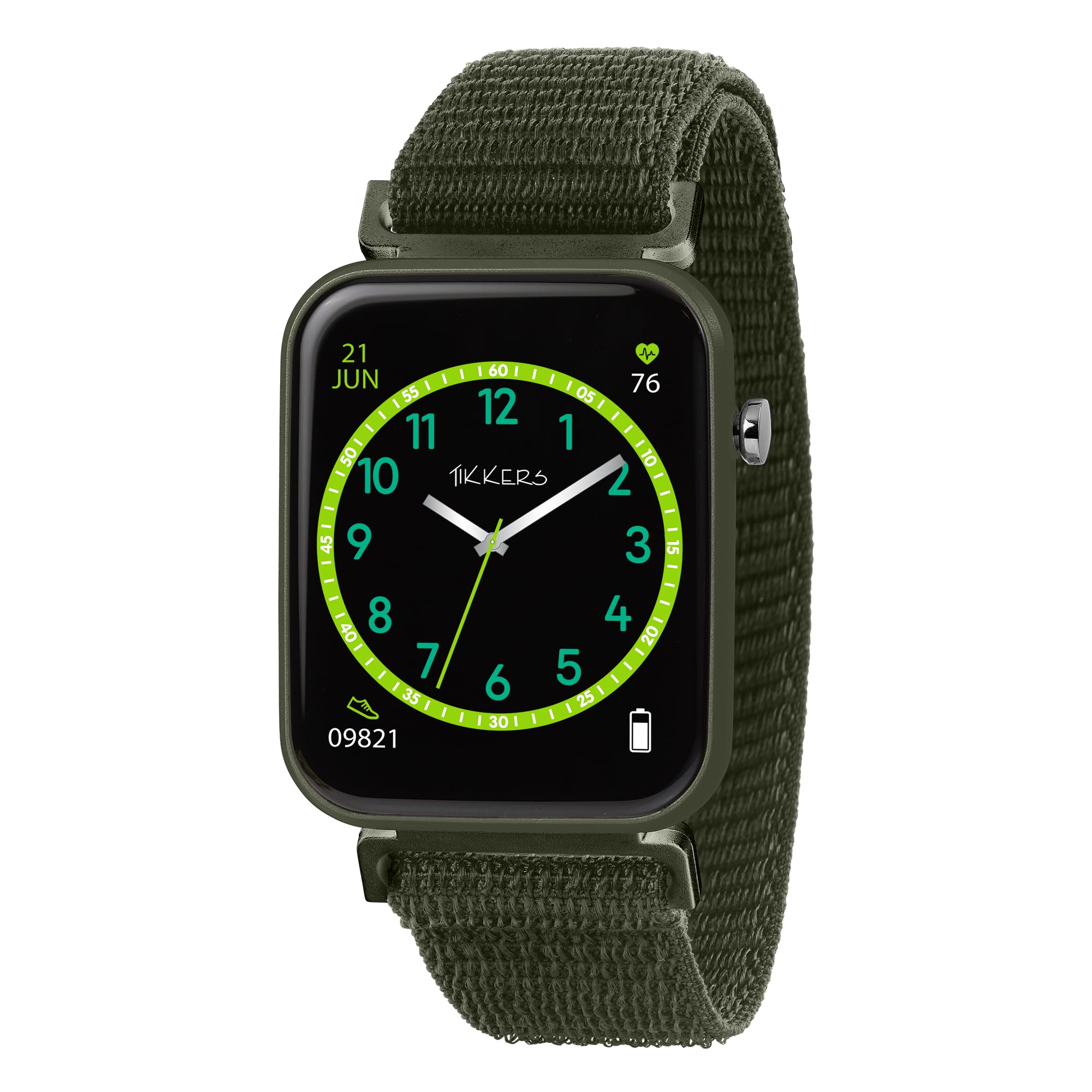 Tikkers Kids Series 13 Montre intelligente avec moniteur de fitness, réveil, appareil photo, connexion GPS, moniteur de fréquence cardiaque, compteur de pas, écran tactile, IP68, sangle Velcro verte