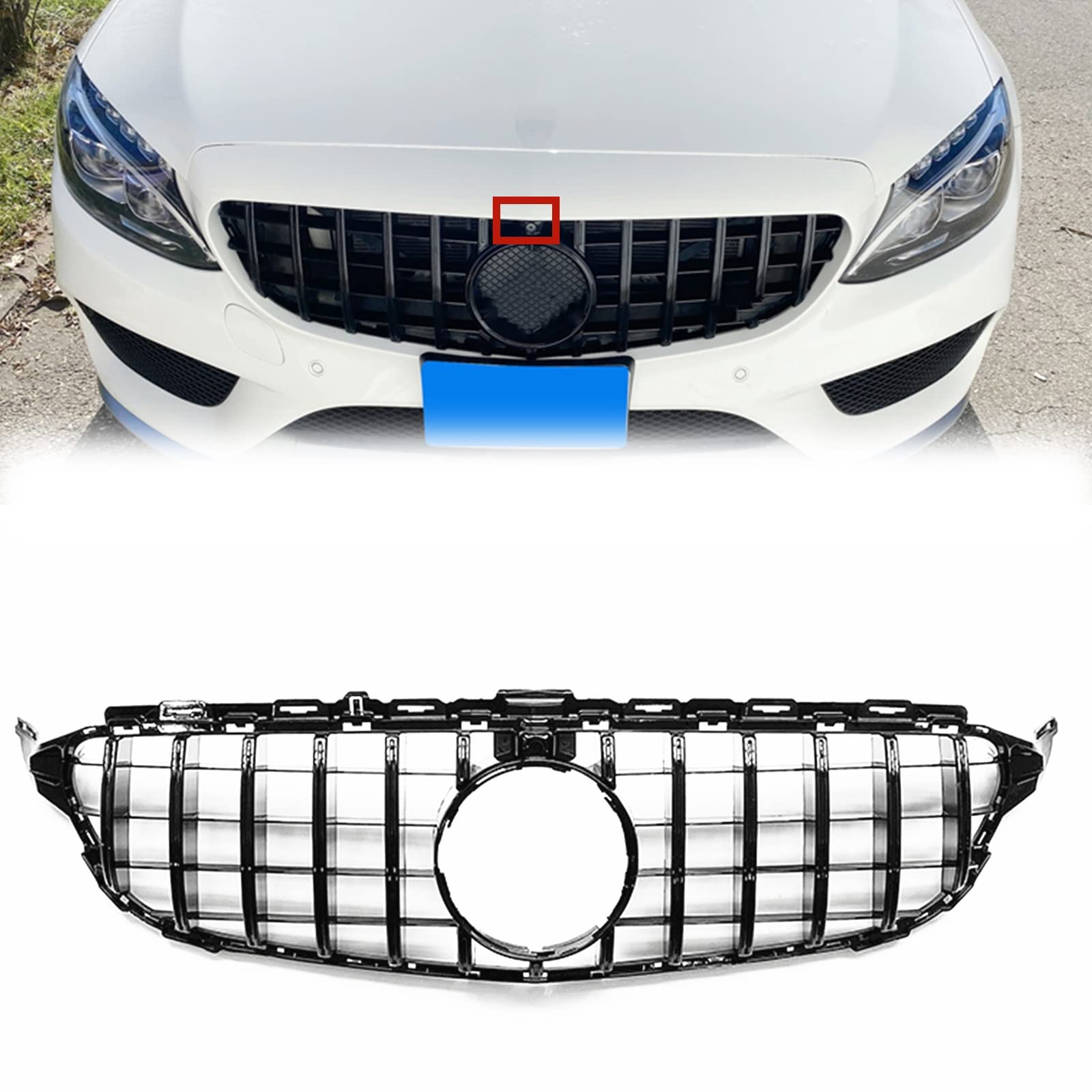 Calandre avant W205 noire avec support caméra pour corriger le style Classe C 2015-2018