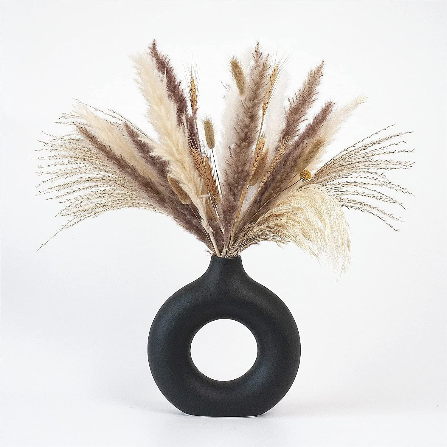 white donut vase hollow ceramic vase for flowers handmade minimalist style modern home decor round shape table party living room office bedroom (black medium)