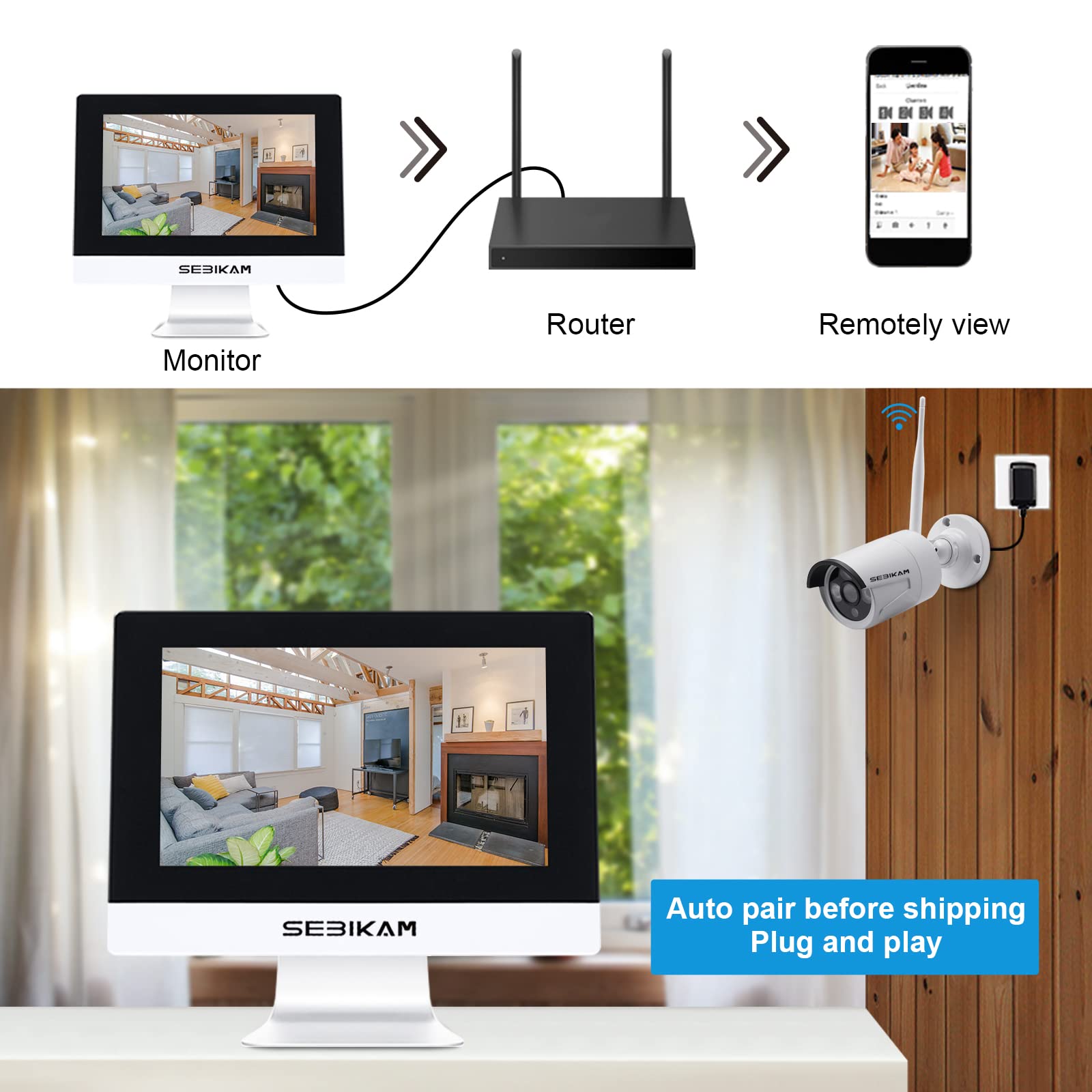 Rozszerzalny 10-kanałowy bezprzewodowy system kamer bezpieczeństwa z monitorem 25.7 cm, 4-pak 2K/3MP Indoor Outdoor IP66 wodoodporny 1-drożny dźwięk, Vision