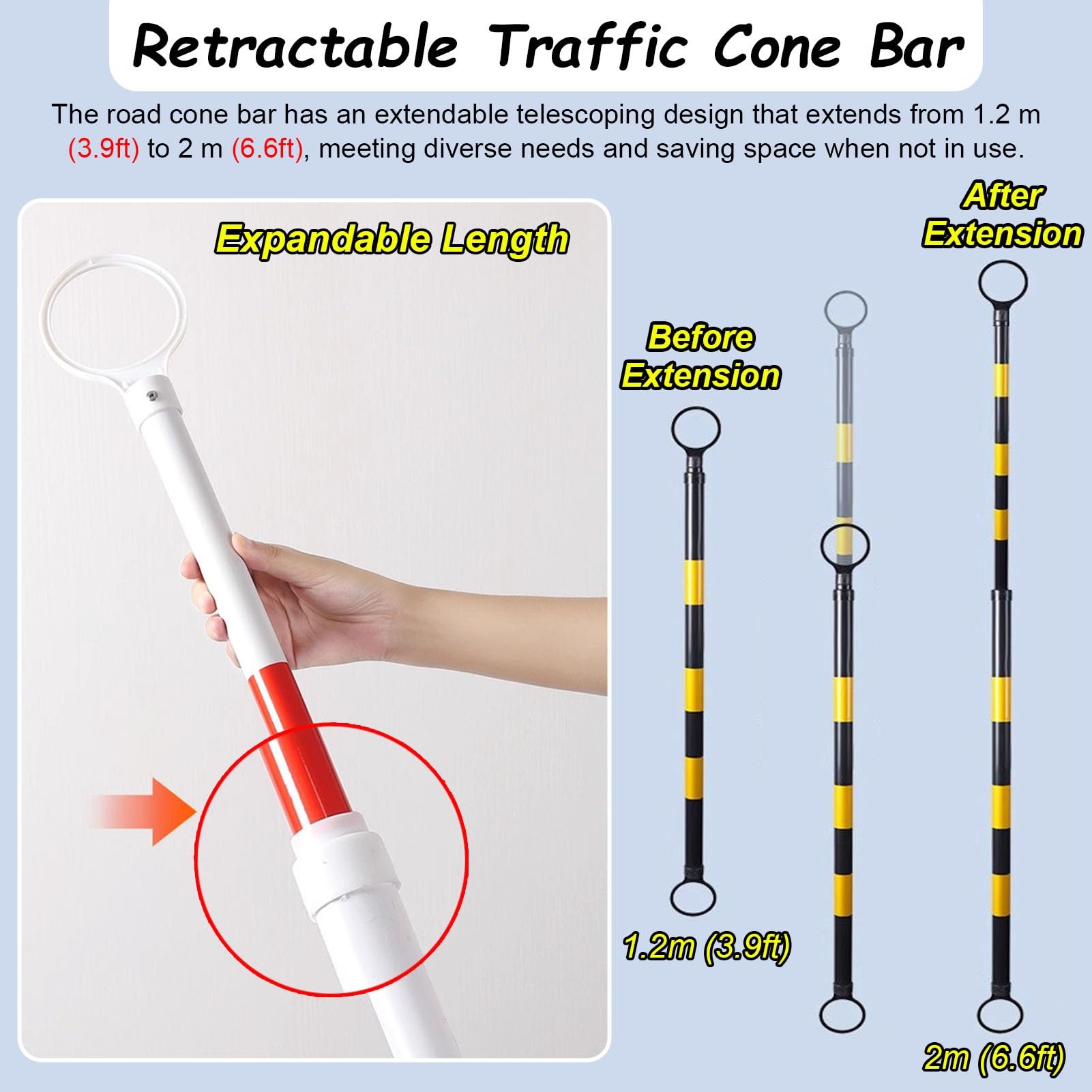 Vibeo Barres de Cônes de Circulation Poteau Extensible pour Barrières de Sécurité Routière, Conique Légers Contrôle, Tige de Connexion Réflectrice pour Chantier, Cônes Non Inclus(18pcs)