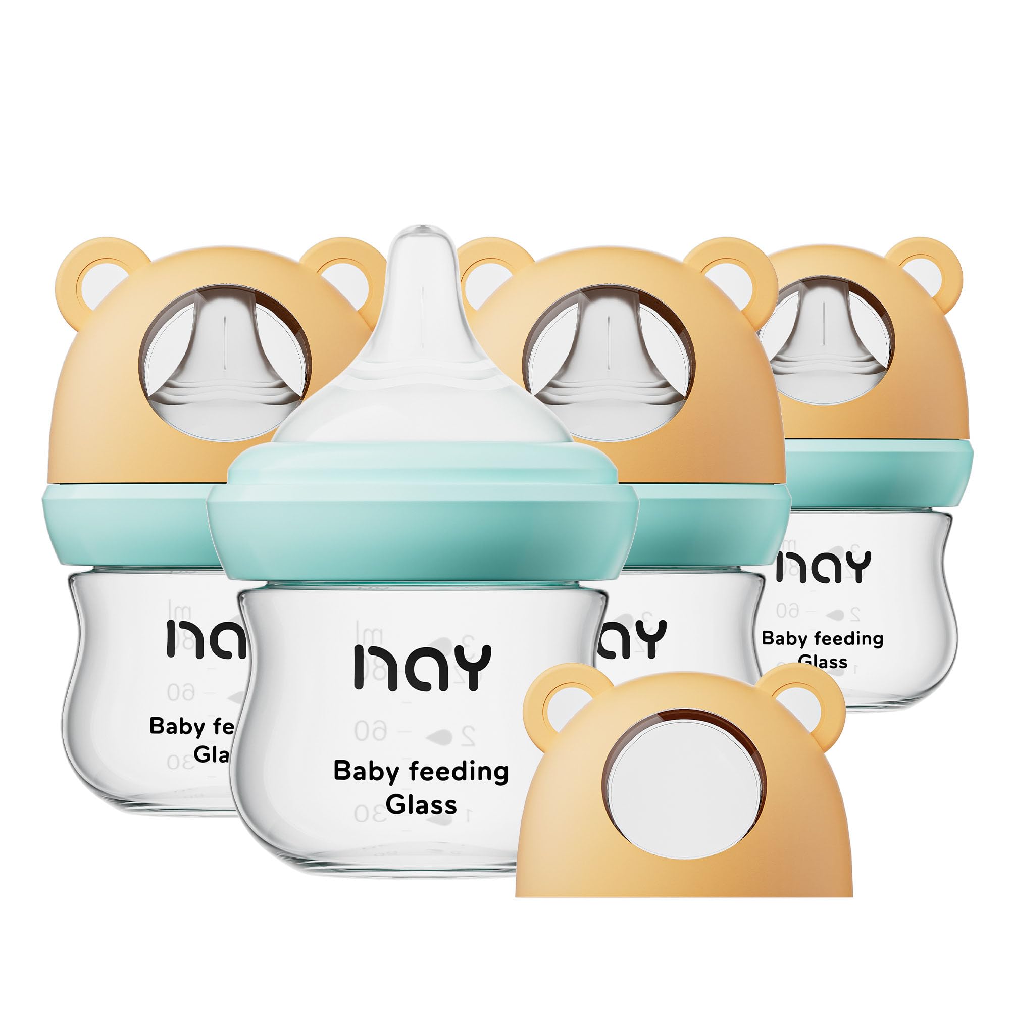 yanyoyo Natural Glass Baby Bottle for Breastfeeding Babies, 3oz Newborn Anti-Colic Baby Bottle with Slow Flow Nipples (SS), Clear, Wide Neck, 4 Pack,