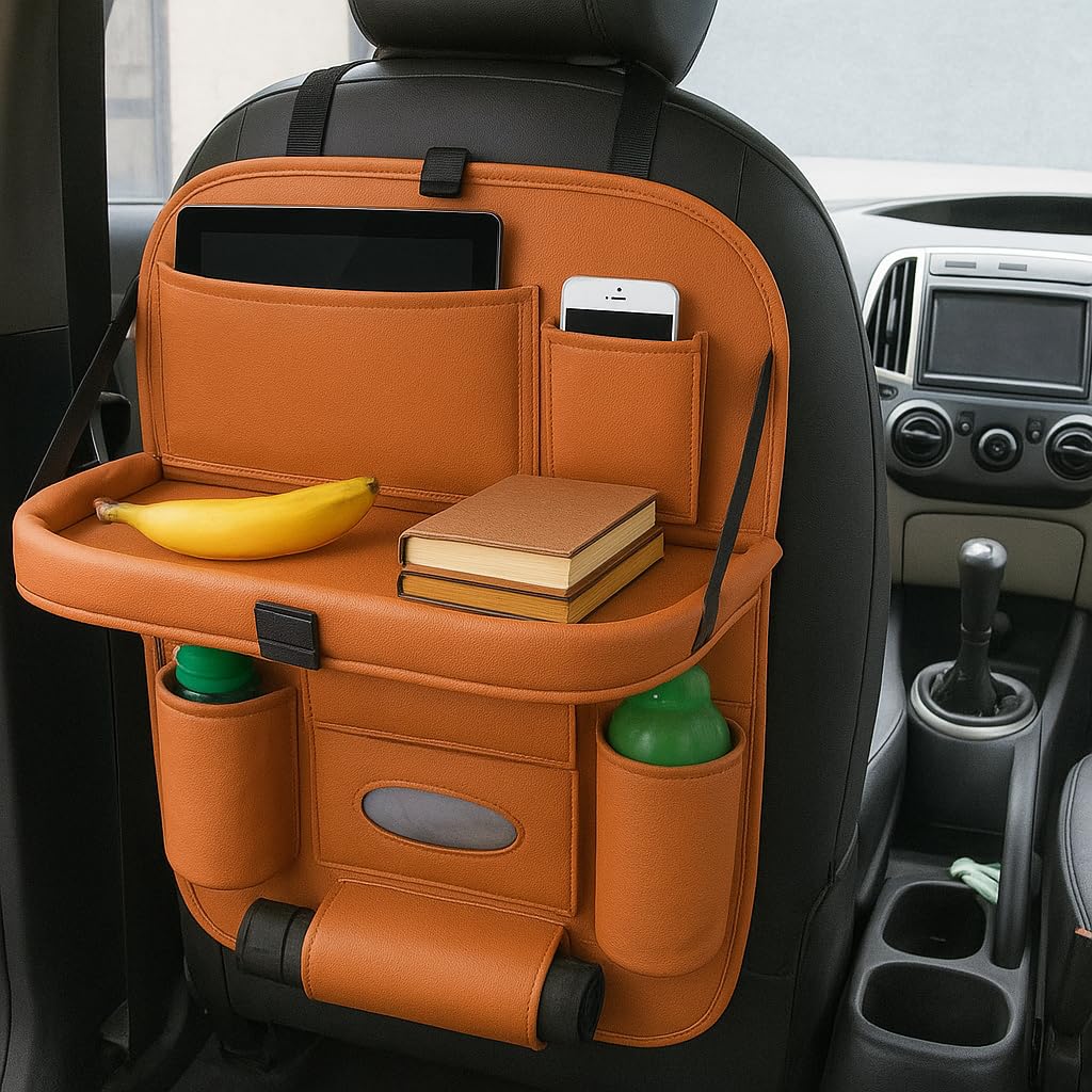Premium Tan Car Backseat Organizer with Foldable Tray | Multi-Pocket Storage for Tablets, Phones, Bottles & Travel Essentials-image-48
