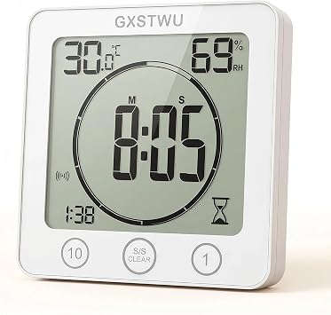 Digital Shower Clock, Bathroom Timer Clock, Waterproof for Water Spray, Count Up Count Down Alarm, Touch Screen Timer, Temperature Humidity, Wall Clock Magnet, Suction Cup, Hang, Stand 1pack