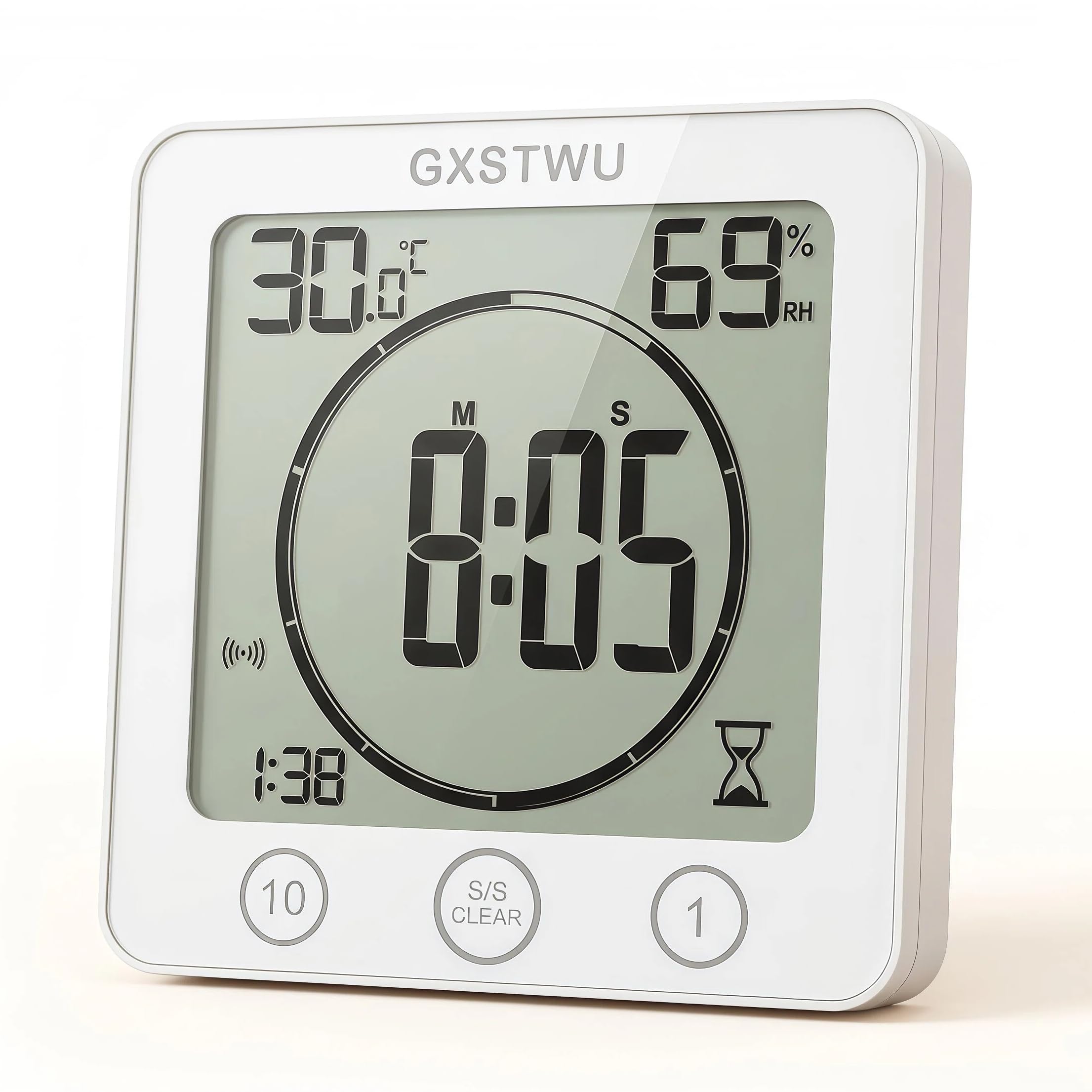 Gxstwu White Digital Bathroom Clock Shower Timer With Alarm, Waterproof Clocks For Bathroom Kitchen Timer Clocks Thermometer Hygrometer Wall Clock With Suction Cup Hanging Hole Stand Magnet (1Pack)