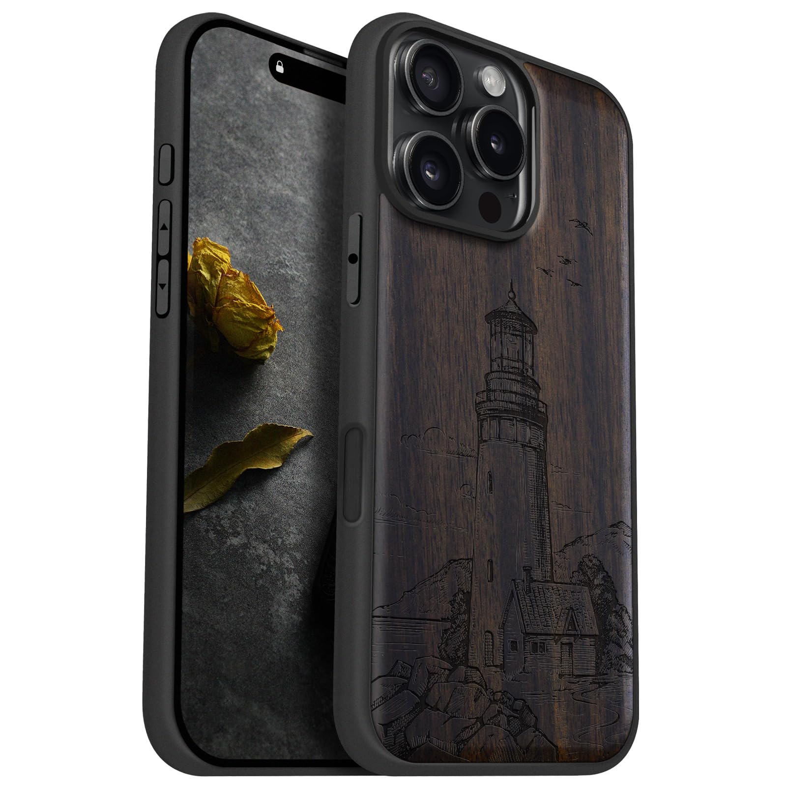 Carveit Magnetic Wooden Case for iPhone 16 Pro Max Case, Wood Artisan Engraved & Black Soft TPU Shockproof Cover, Compatible with MagSafe Wireless