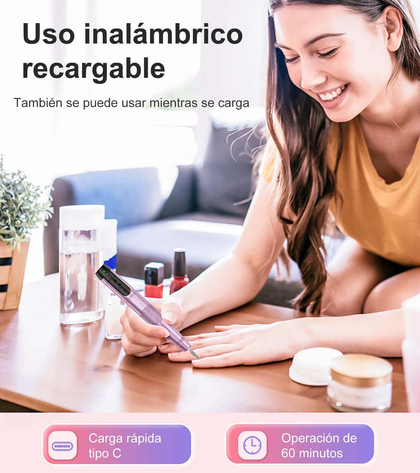 HEBECA Torno para Uñas Profesional - Lima Electrica Uñas 20000RPM - Nail Drill Machine para Uñas de Gel Acrílico Natural Recargable