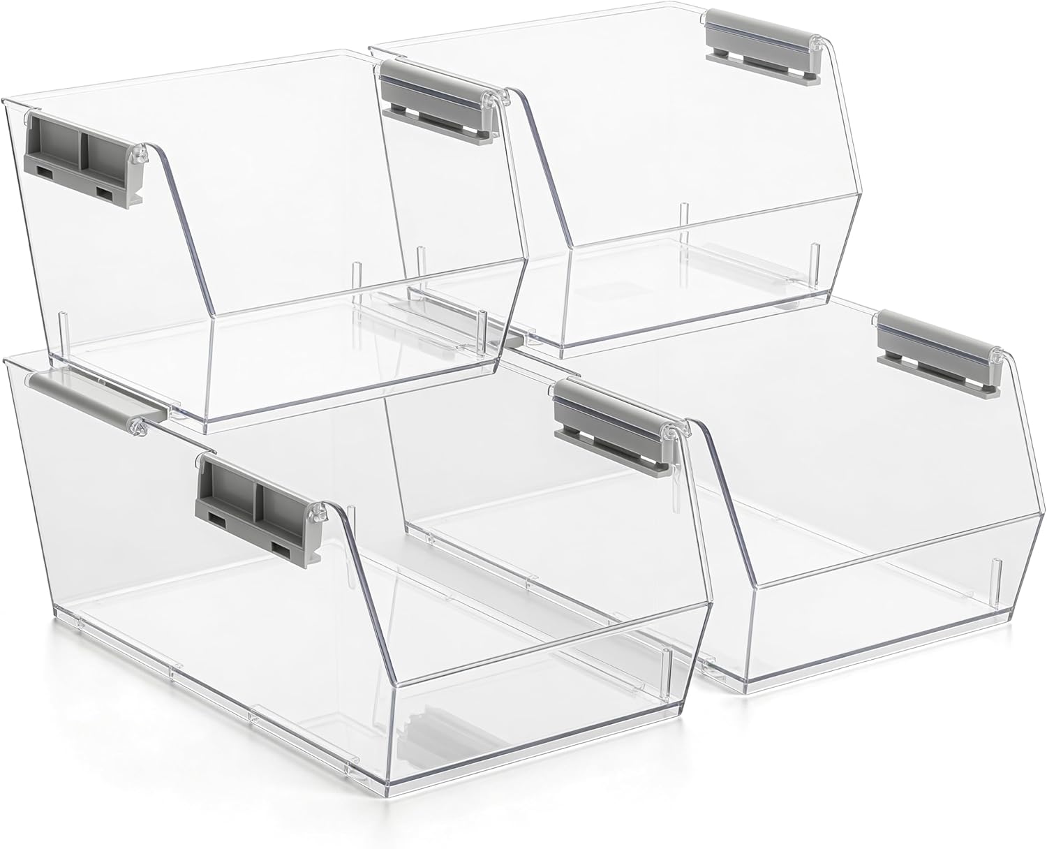 HOMESTEAD Set of 4 Stackable Storage Bins, 2 Large + 2 Small Clear Plastic Organizer Bins, Open Front Design for Kitchen Pantry, Fridge, Cabinet, Bathroom Organization and Snack Storage