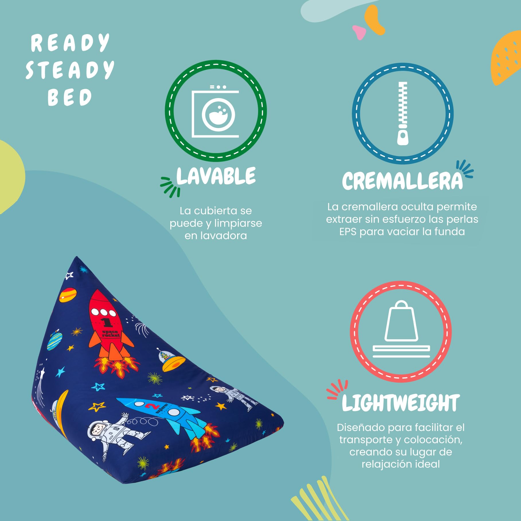 Ready Steady Bed Puff Pirámide para Interior, Silla Puff para niños, Bean Bag de Sala de Estar, Bolsa de Frijoles, Sofa Puff Salon Moderno, Puff con Relleno Incluido (Niño del Espacio)