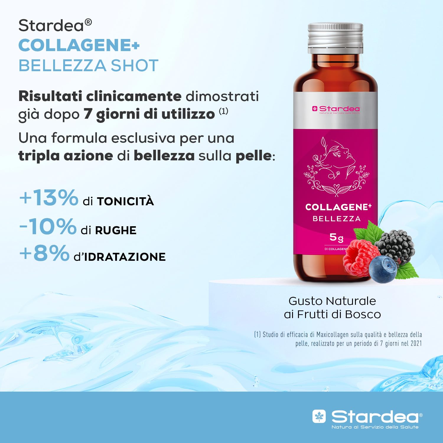 COLLAGENE MARINO e ACIDO IALURONICO 8 Flaconcini da Bere | 5g Collagene Marino idrolizzato e Acido ialuronico + Vitamina C + Biotina + Zinco + Niacina | STARDEA COLLAGENE + BELLEZZA SHOT