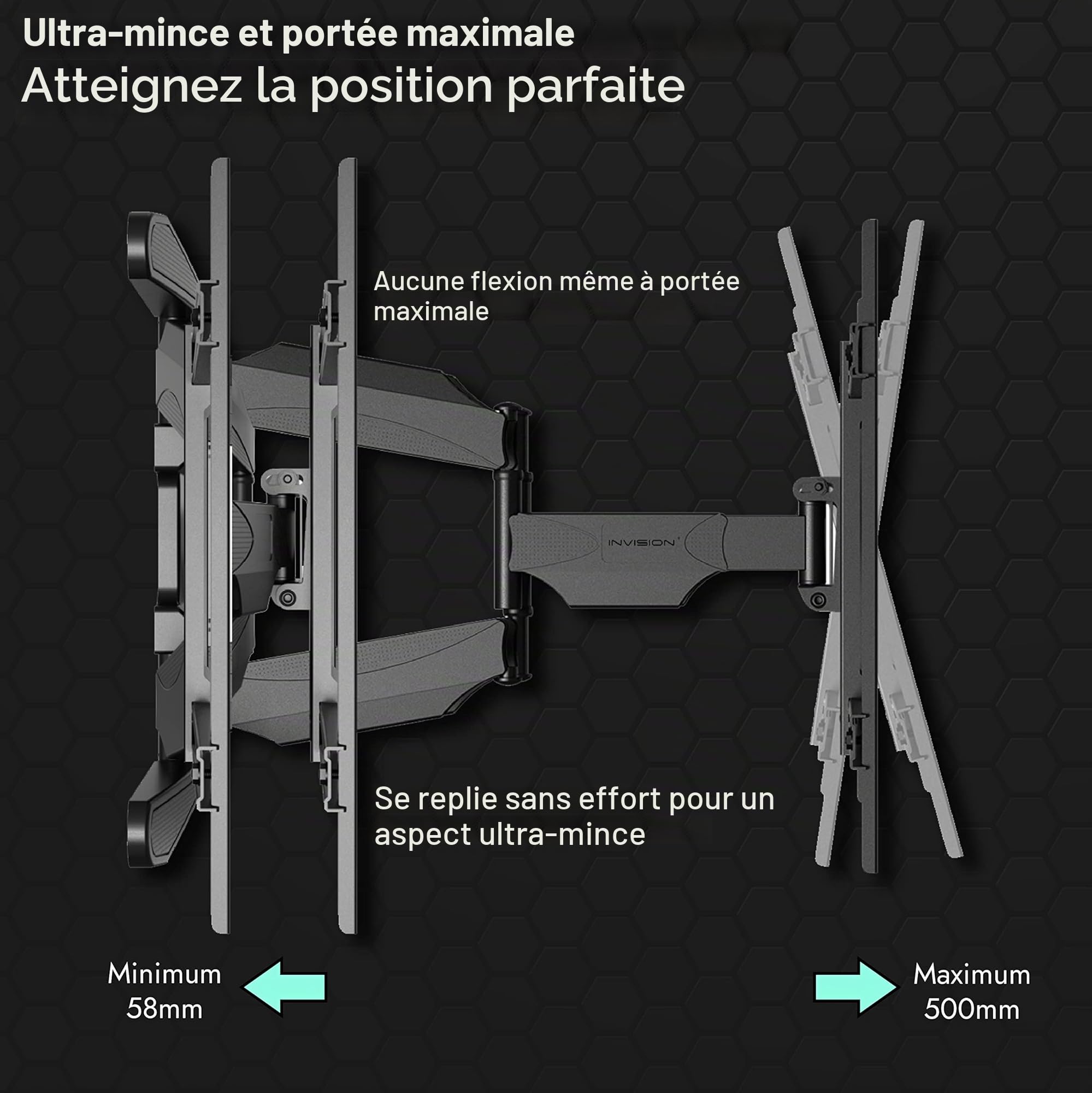 Invision Support TV Mural Bras Double pour 37 à 75 Pouces Écrans, Ultra Forte Inclinable Orientable et Étendre avec Niveau à Bulle, VESA 200x200mm à 600mm(l) x 400mm(h), Jusqu'à 50kg (DXL-IA)