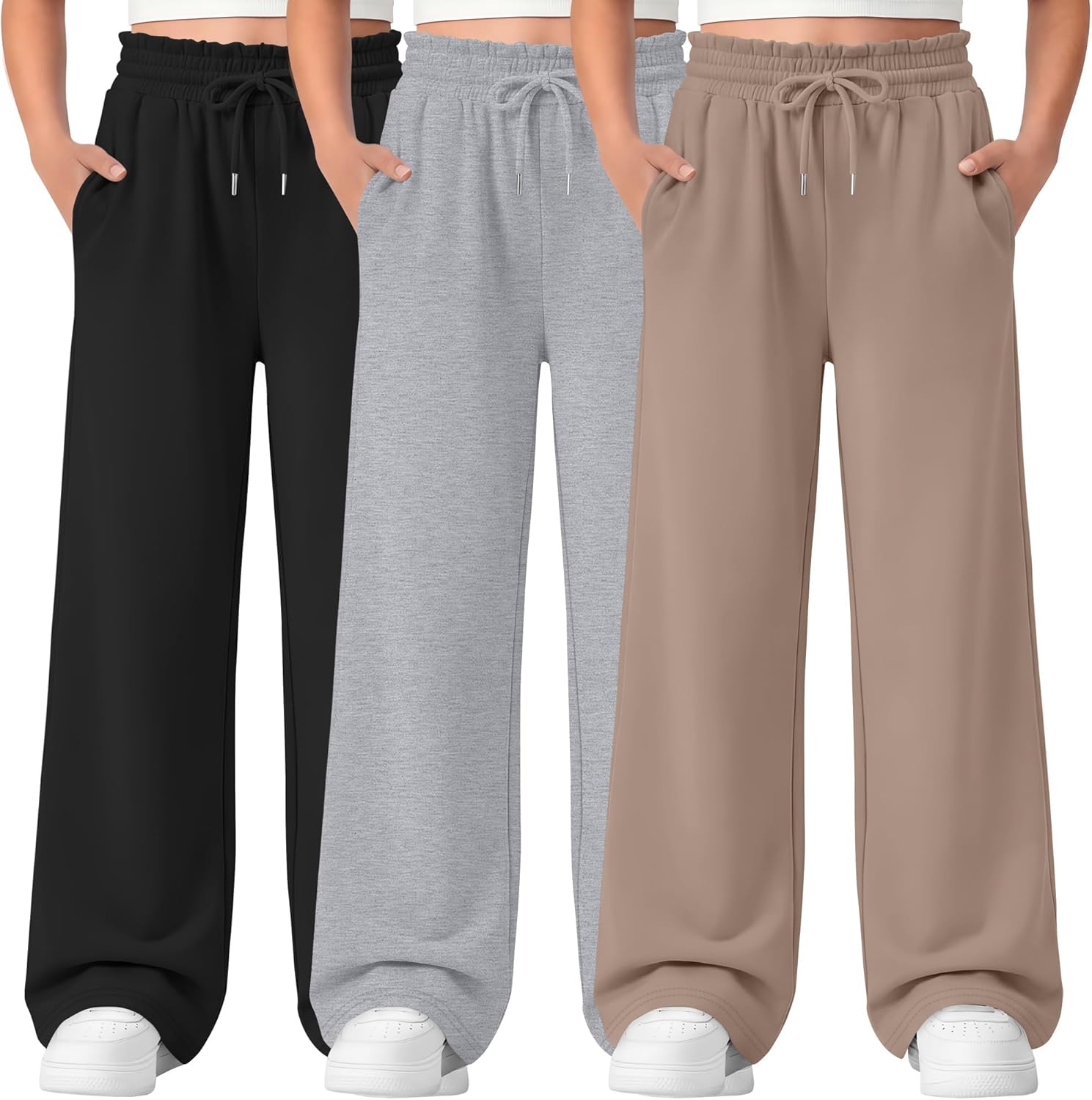 3 Pack Girls' Sweatpants Straight Wide Leg Kids Drawstring Casual Joggers Teen Loose Athletic Pants with Pockets