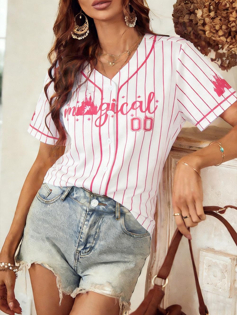 Women Magical Kingdom Jersey Shirt - V Neck Magic Castle Button Up Hawaiian Summer Vacation Trip Outfits - Image 4