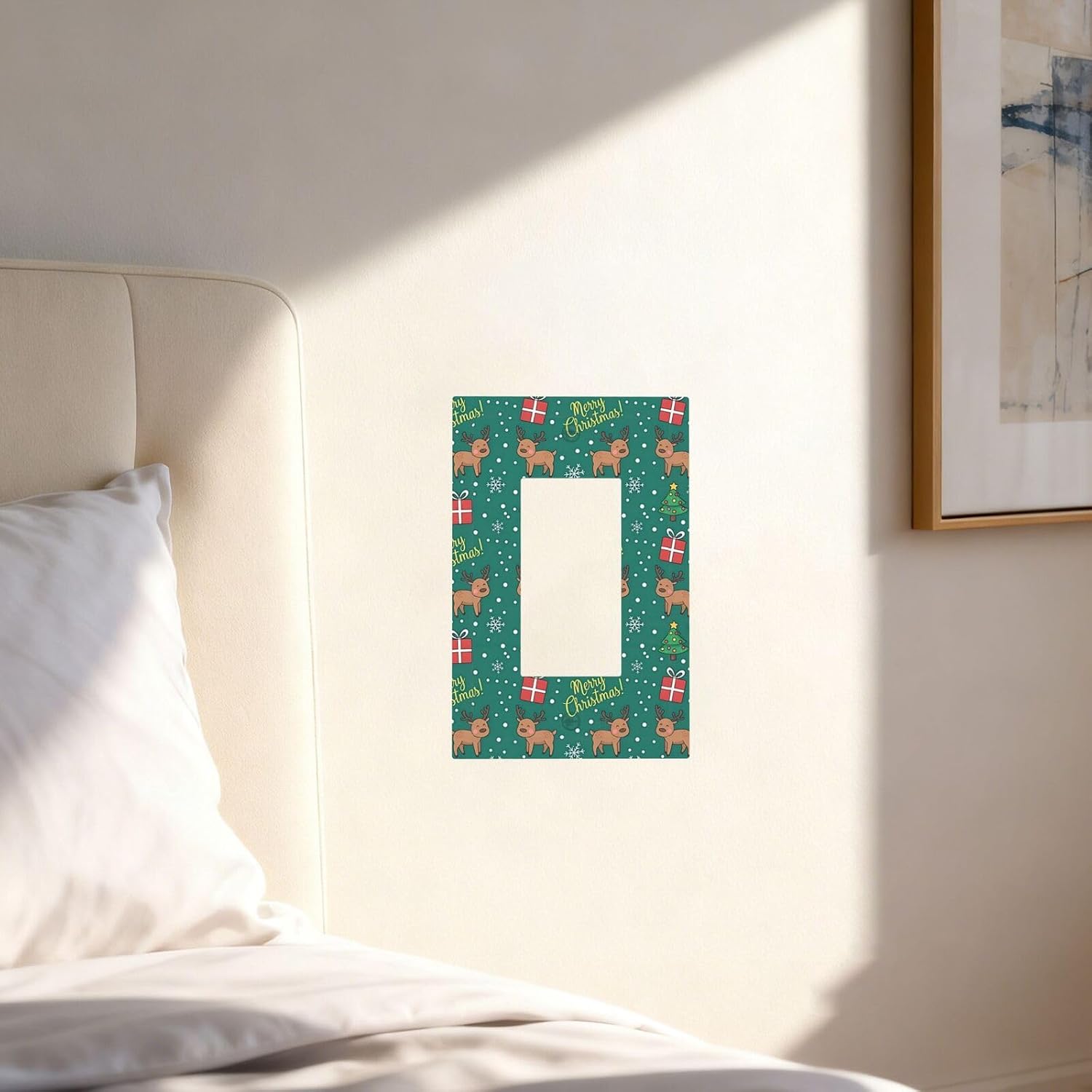 1 Gang Single Rocker Reindeer Xmas Tree Gift Snowflake Green Decorative Light Switch Cover - GFCI Outlet Wall Plate for Bathroom Bedroom 5X3 Inch