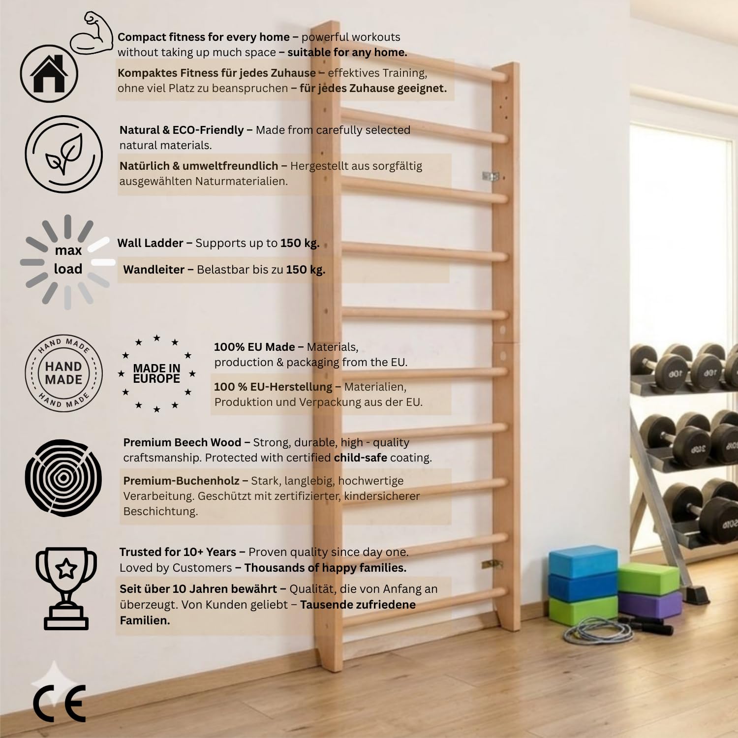 Wooden Wall Bars for Home Gym "Sport-0-220" Swedish Ladder Fitness Equipment | Gimnasia Stall Bar for Ejercise, Estiramiento & Climbing | Pared de Gimnasia de Madera | Escalada Deportiva