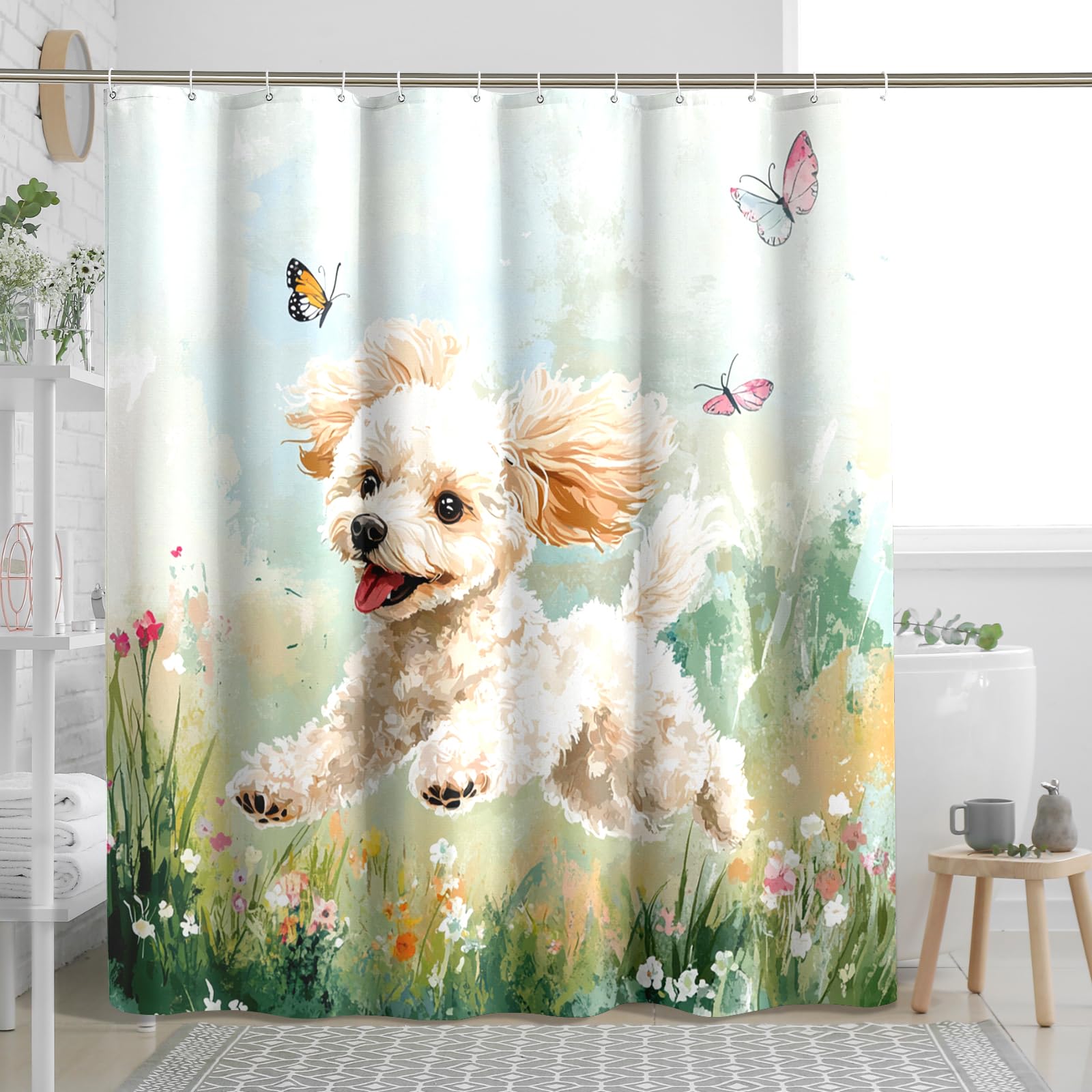 DESIHOM Spring Poodle Dog Shower Curtain Set 72 Inch, Watercolor Flower Plant Bathroom Decor, Pet Puppy Printed Fabric Bath Accessories