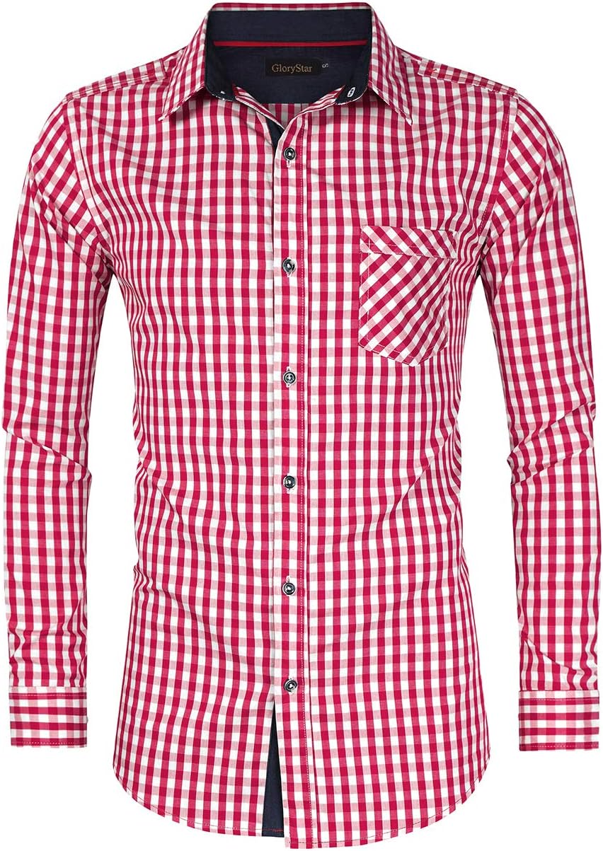 GloryStar Men's German Bavarian Oktoberfest Button Down Dress Shirts Slim Fit Plaid Shirt for Lederhosen image 2