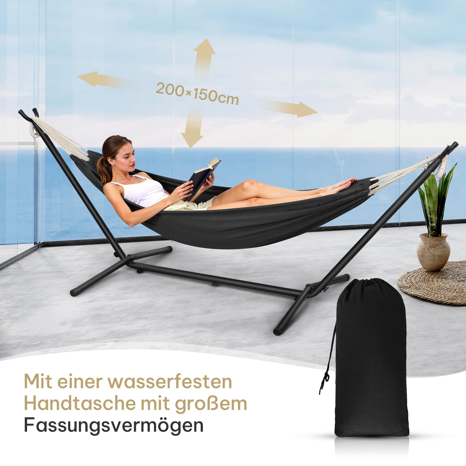 Laneetal Hängematte mit Gestell,Hängematte Indoor & Outdoor, Doppel für 2 Personen, 250 kg belastbar,mit Tragtasche, für Indoor Schwimmbad Terrasse Hof Garten Balkon (Dunkelgrau, 280 * 106 * 100cm)