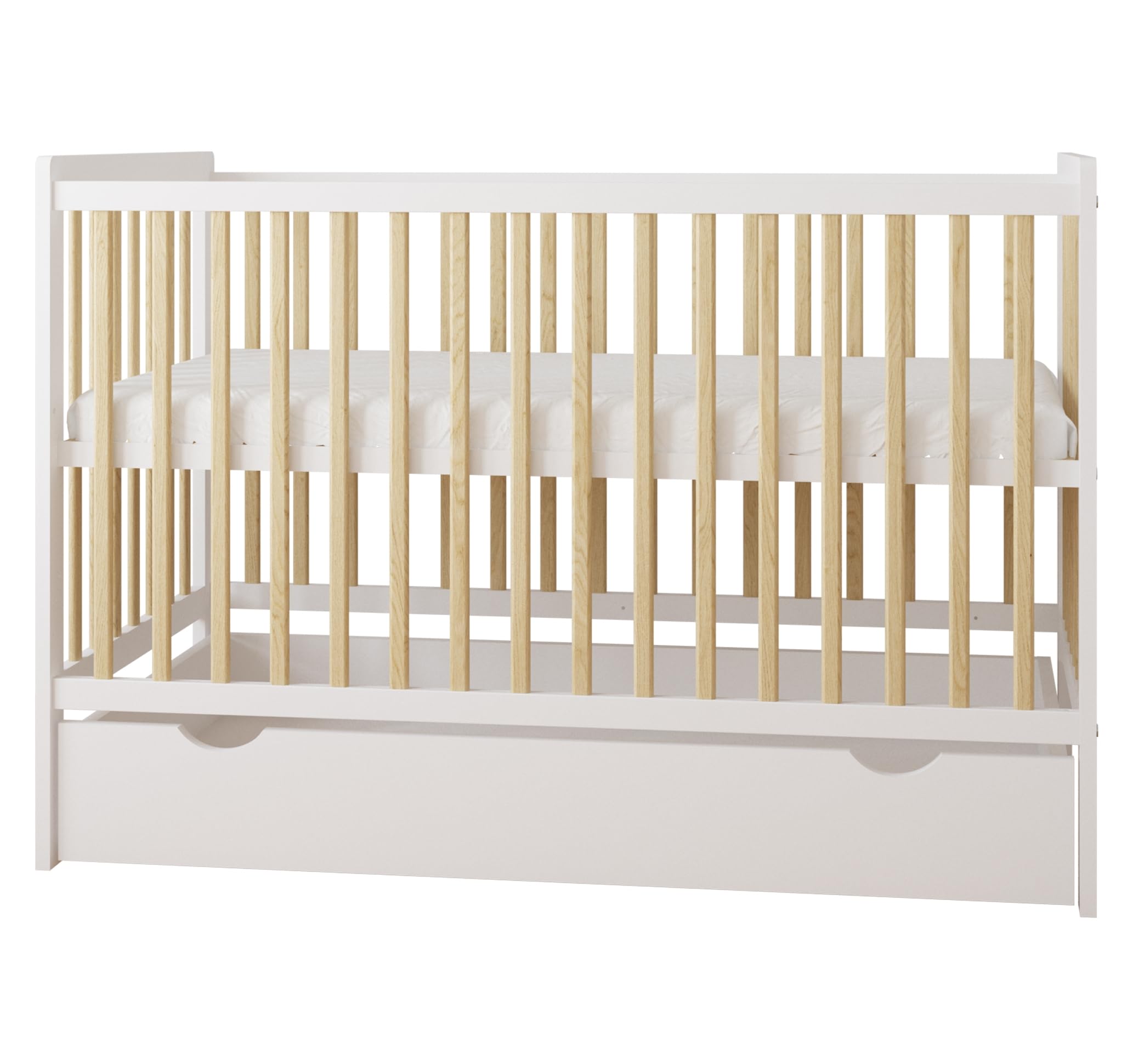 zee Cuna Bebé LUMI 120x60 cm 2 en 1 con Colchón Convertible en Cama Infantil Blanco Natural con Cajón y Barandilla Seguridad Madera de Pino Altura Regulable