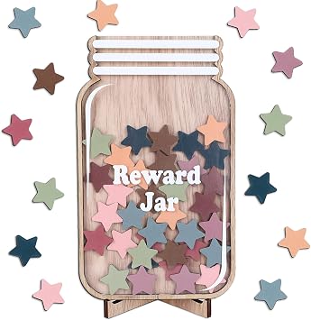 JarThenaAMCS Wooden Reward Jar for Kids Boho Stars Cutouts Positive Incentive Behavior Chart with Base Management Tools Decoration Reward System for Student Teacher School Classroom Supplies, 38Pcs