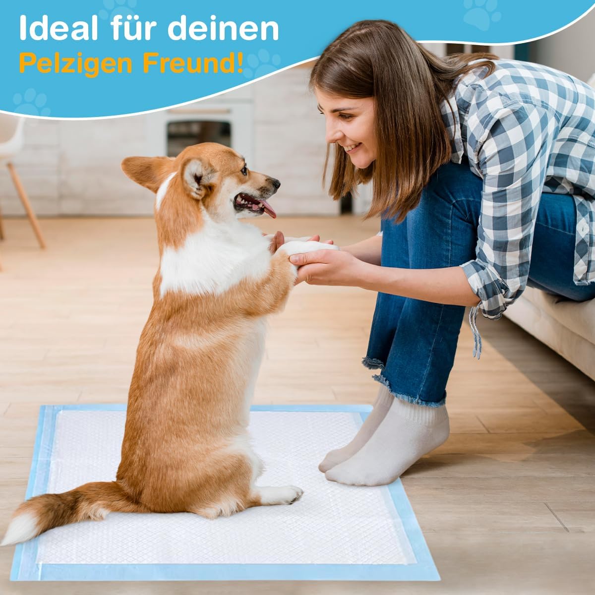 Welpenunterlagen 60x90 cm, Trainingspads für Hunde, 50 Stück, Auslaufsicher und Strapazierfähig mit Schnell Trocknender Oberfläche, PIPI Matten, Blau-Weiß