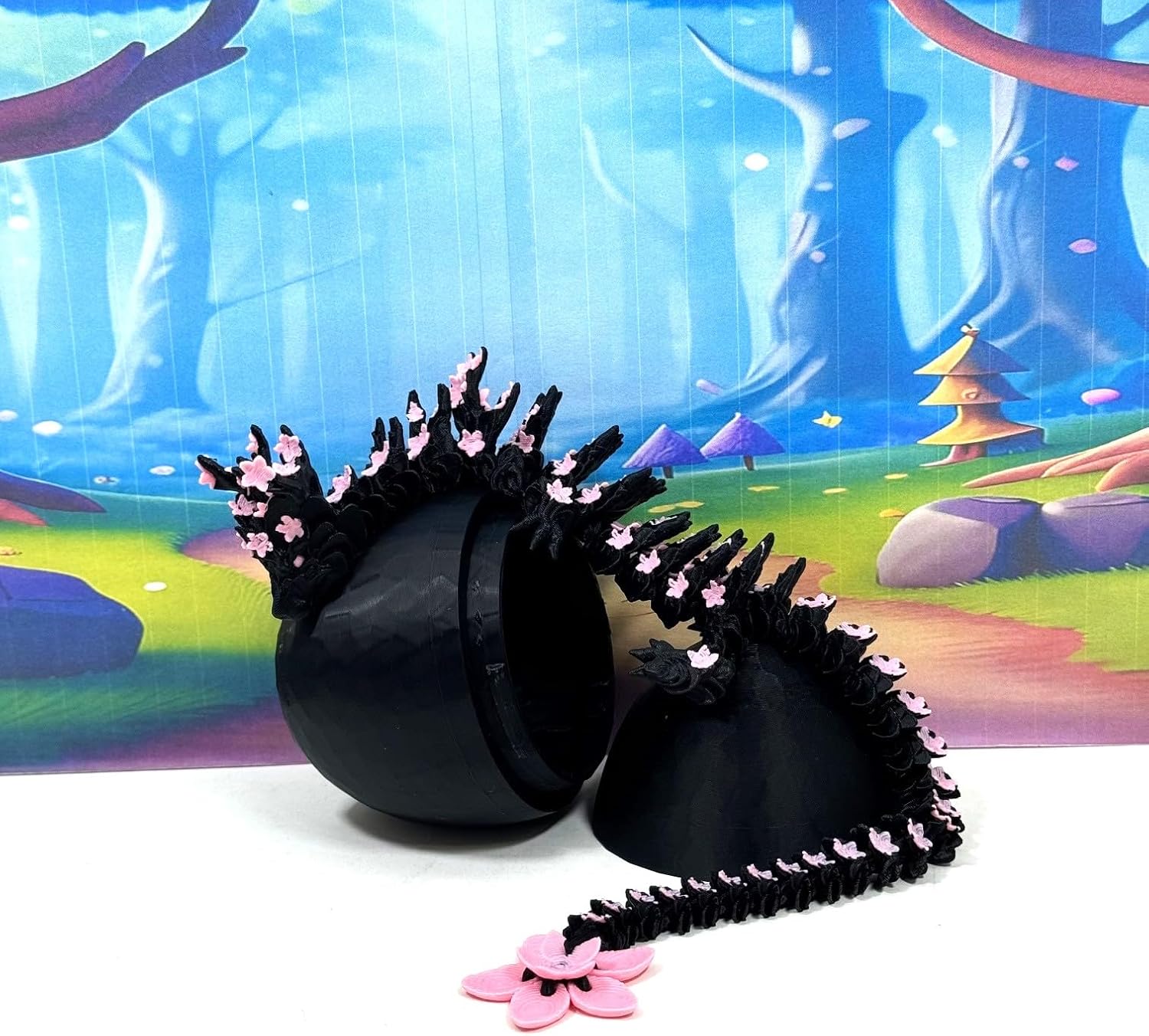 Generic 3D Printed Articulated Black and Pink Cherry Blossom Dragon, 12"" Flexible Dragon, Fidget ADHD Autism Sensory Toy D028-DR
