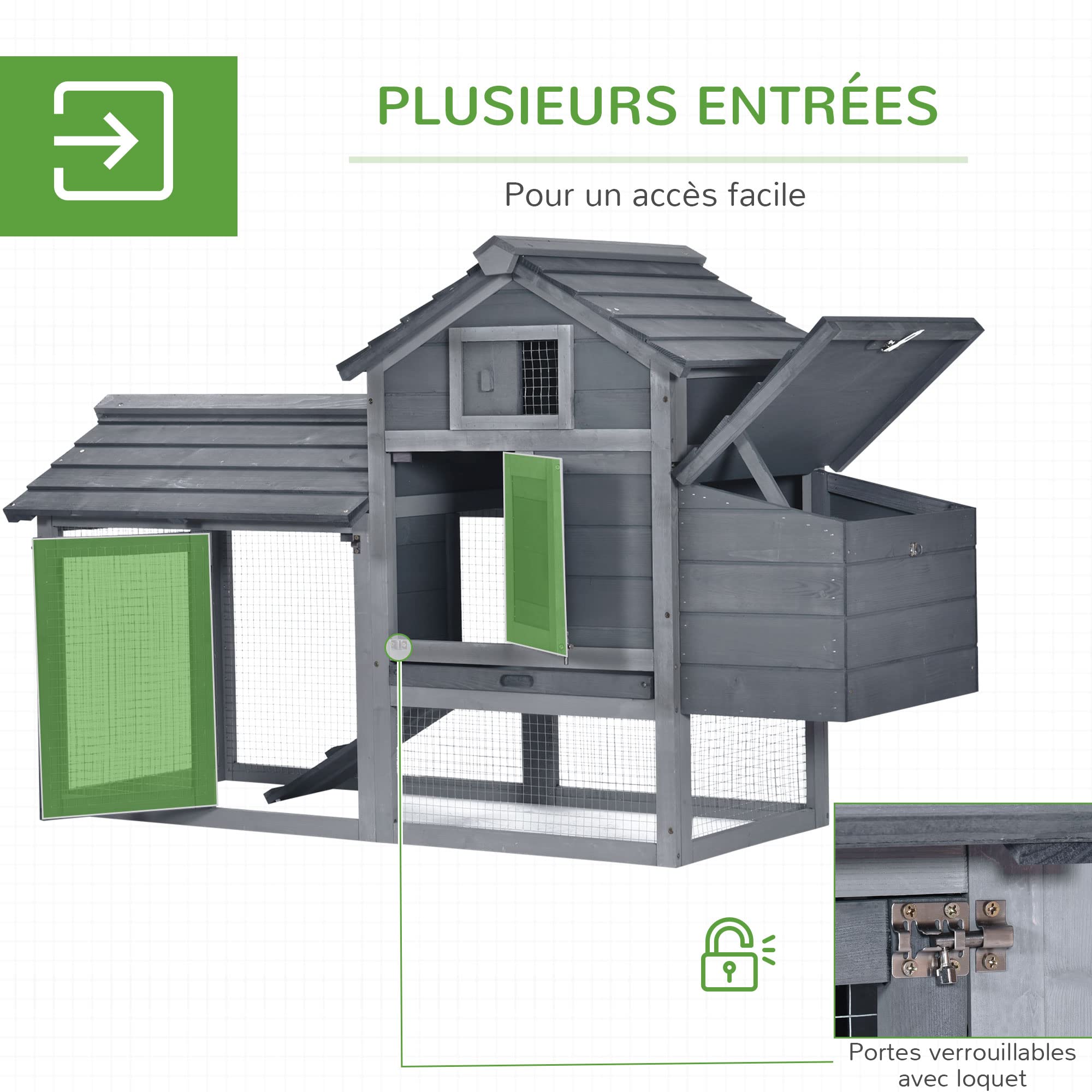 PawHut Petit poulailler Cottage Cage à Poules sur Pied dim. 150,5L x 54l x 87H cm Multi-équipement Bois Massif de Sapin | Multi-Équipement, Bois Massif de Sapin