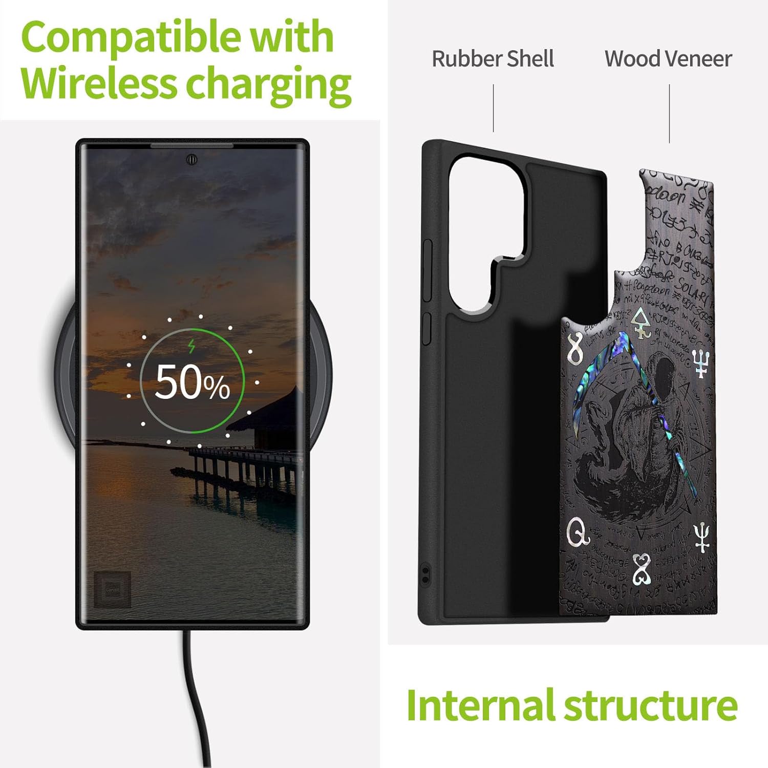 Carveit Designer Wooden Cover for Samsung Galaxy S22 Ultra Case [Wood Engraving & Shell Inlay] Compatible with Wireless Chargers Galaxy S22 Ultra (Grim Reaper-Blackwood)