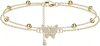 Gold/Silver Anklet Bracelets for Women Adjustable Women's Anklets for Women Waterproof Butterfly Beaded Heart Beach Layered Ankle Chains for Women Jewelry Gift