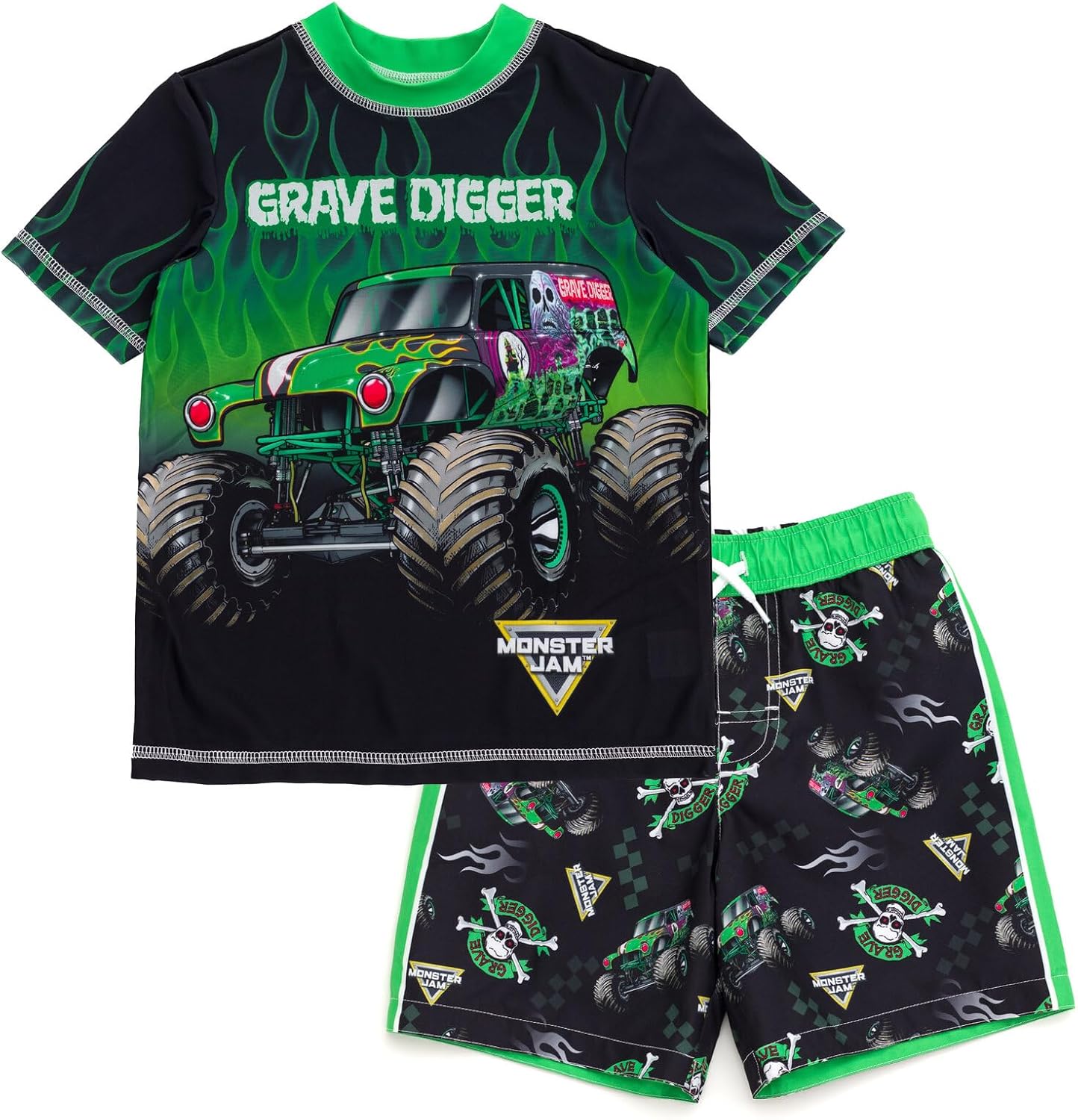 Monster Jam UPF 50+ Pullover Rash Guard and Swim Trunks Outfit Set Toddler to Big Kid Grave Digger El Toro Loco Megalodon