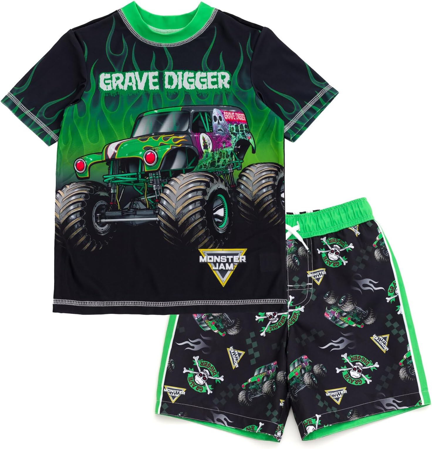UPF 50+ Pullover Rash Guard and Swim Trunks Outfit Set Toddler to Big Kid Grave Digger El Toro Loco Megalodon