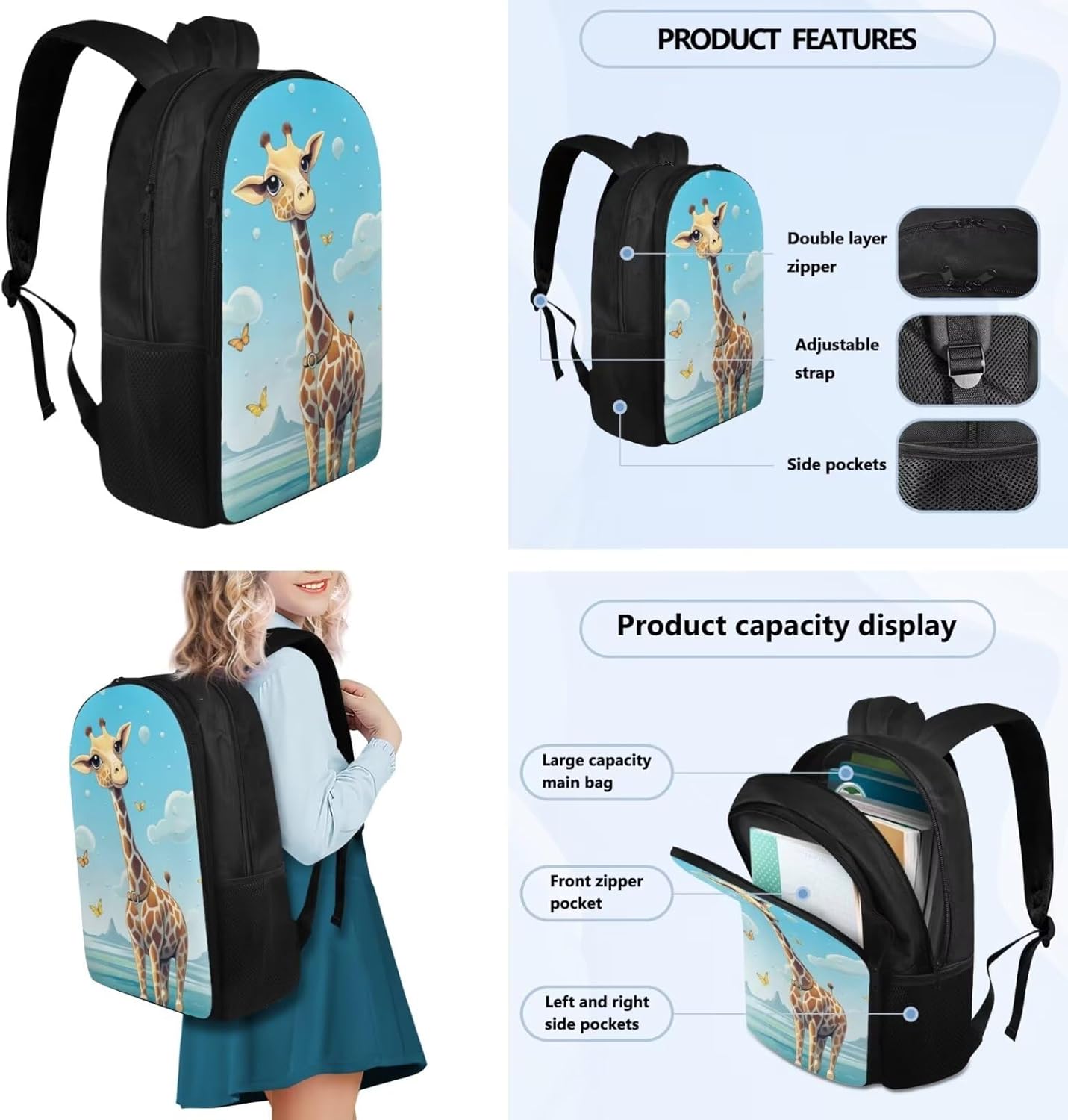 Flashideas Cute Giraffe Kids Backpack Set 4Pcs with Lunch Box Insulated Water Bottle and Water Bottle Cover with Padded Strap Toddler Bookbag Elementary School Boys and Girls